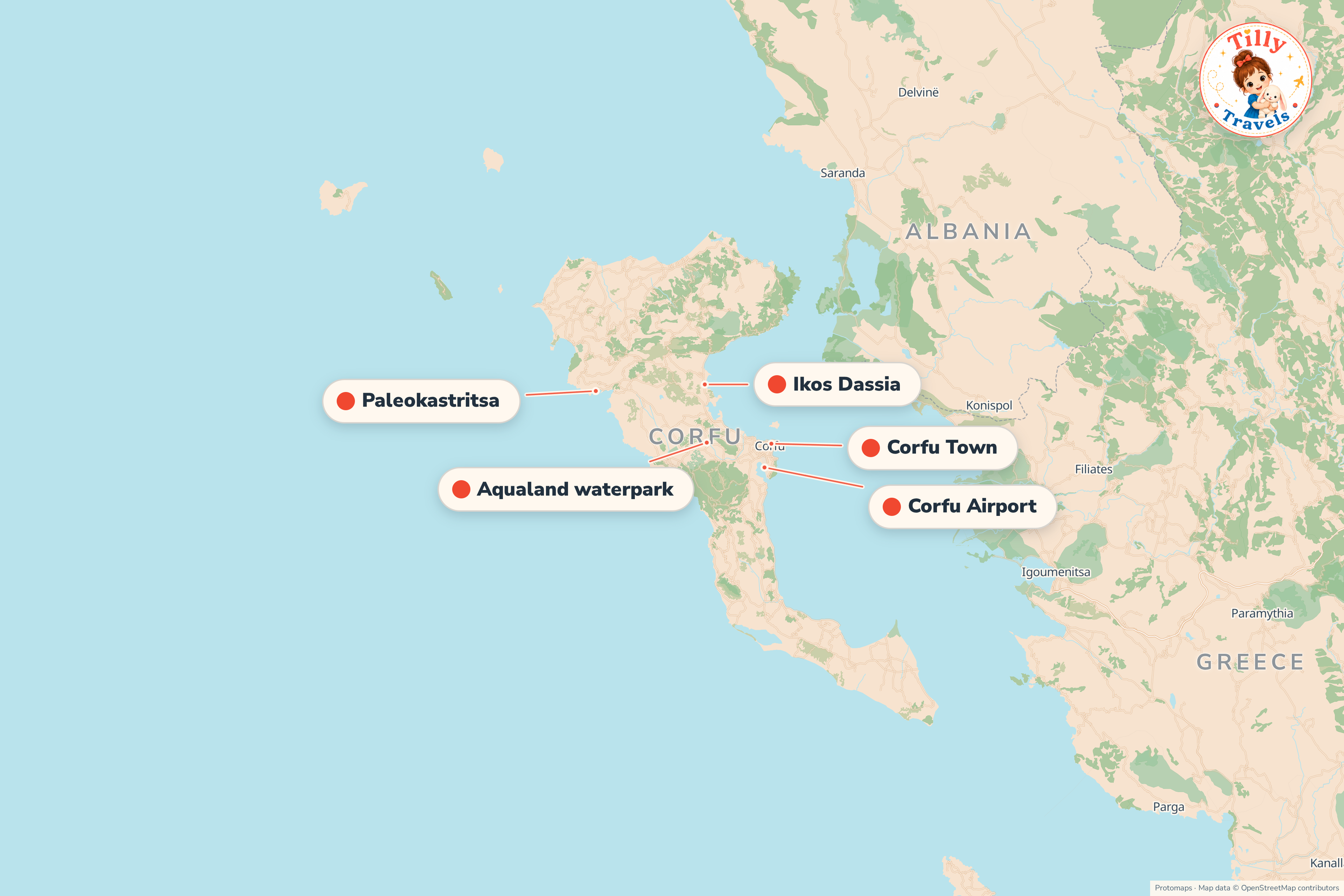 Map of the area around Ikos Dassia, showing the resort, the nearest airport and the main family days out