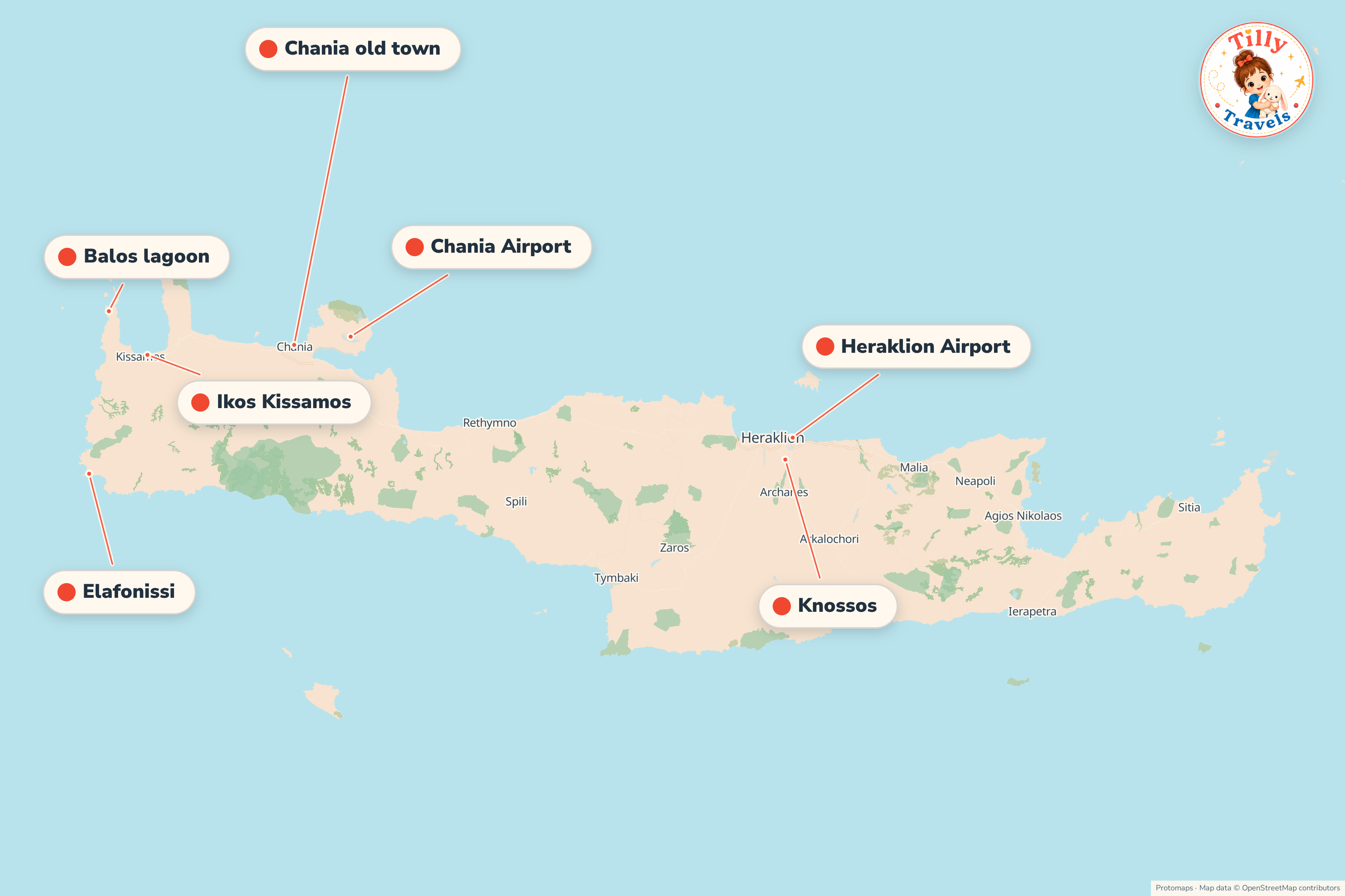 Map of the area around Ikos Kissamos, showing the resort, the nearest airport and the main family days out