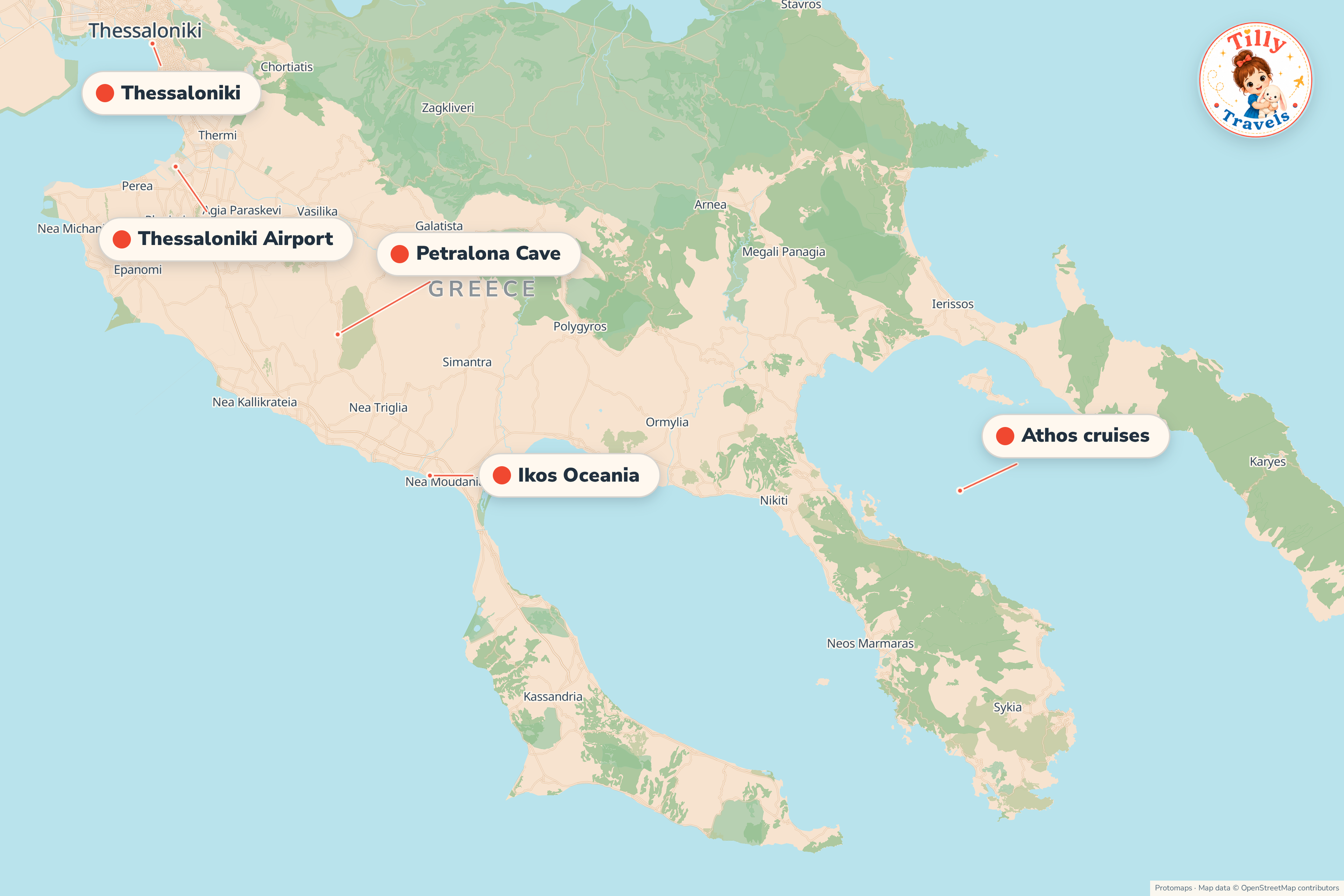 Map of the area around Ikos Oceania, showing the resort, the nearest airport and the main family days out