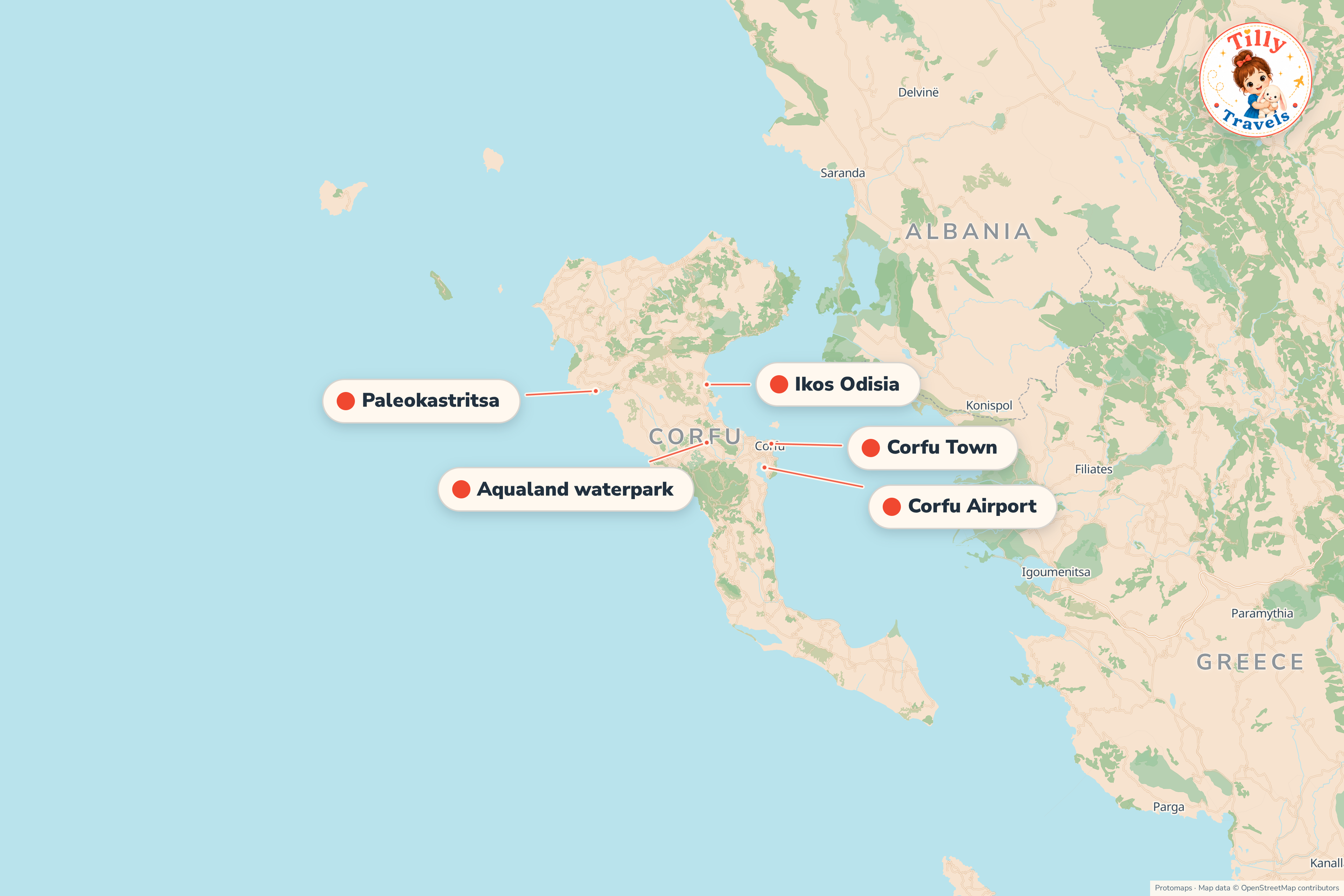Map of the area around Ikos Odisia, showing the resort, the nearest airport and the main family days out