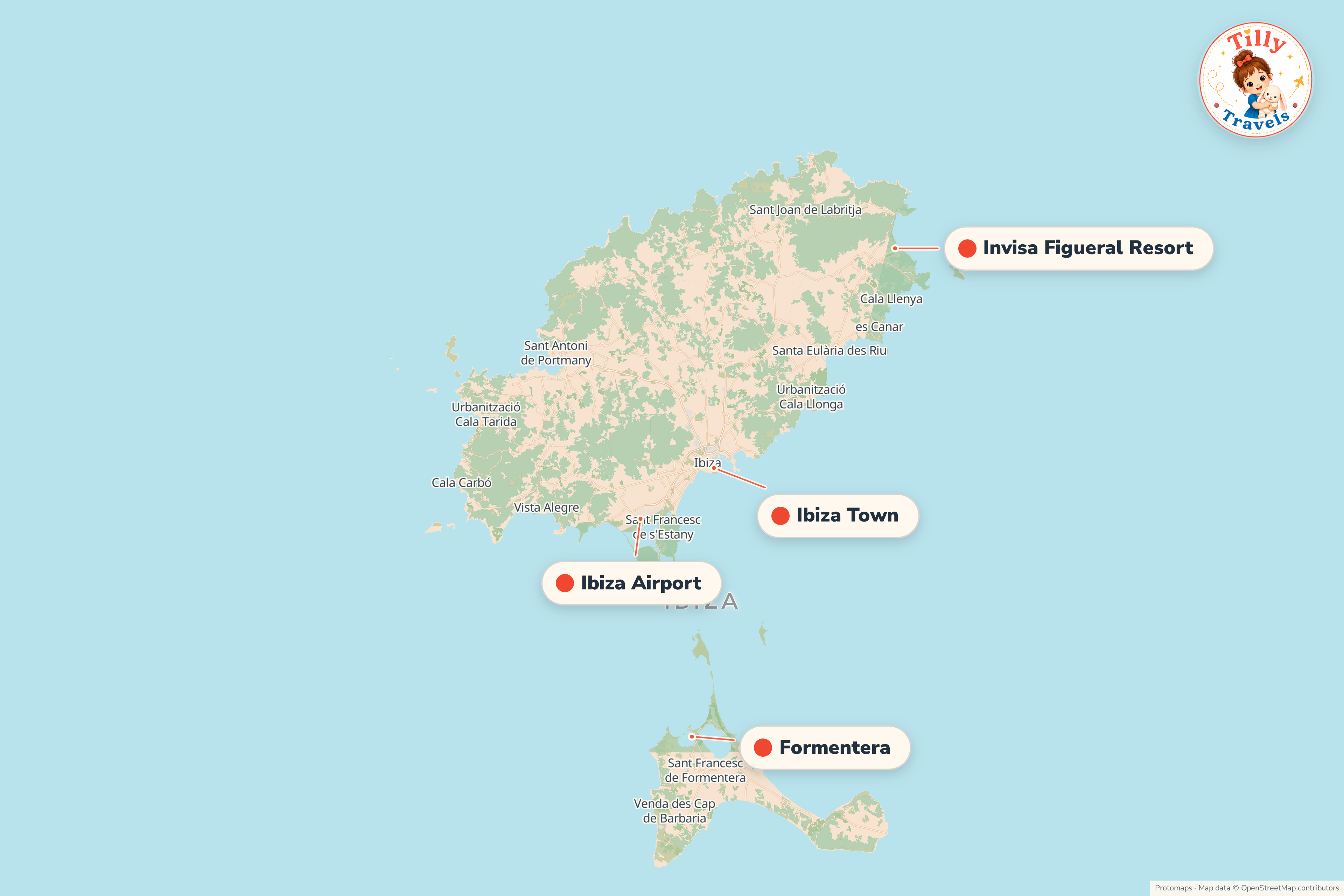 Map of the area around Invisa Figueral Resort, showing the resort, the nearest airport and the main family days out