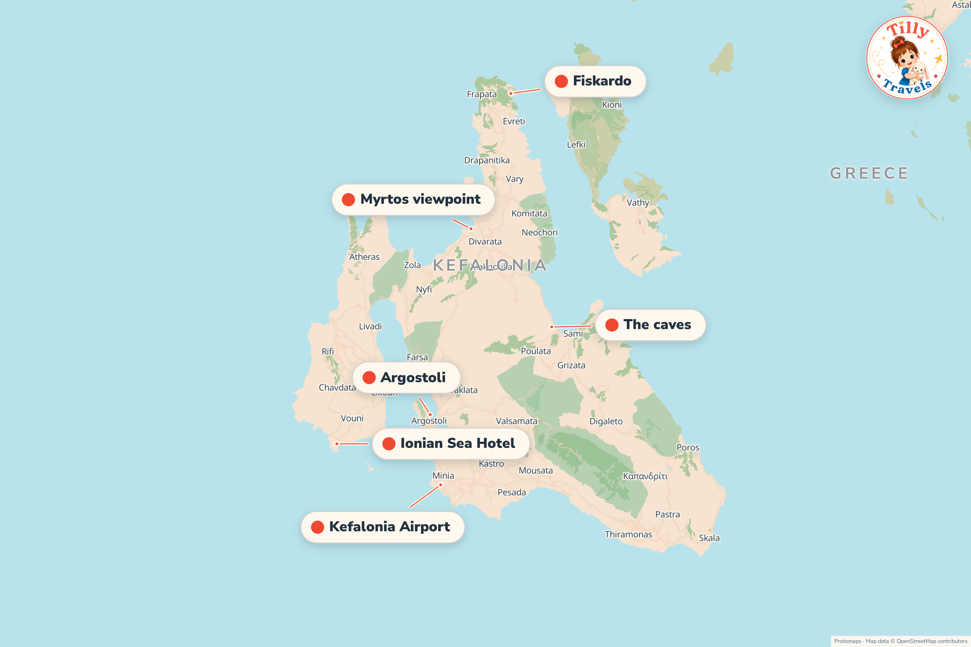 Map of the area around Ionian Sea Hotel, showing the resort, the nearest airport and the main family days out