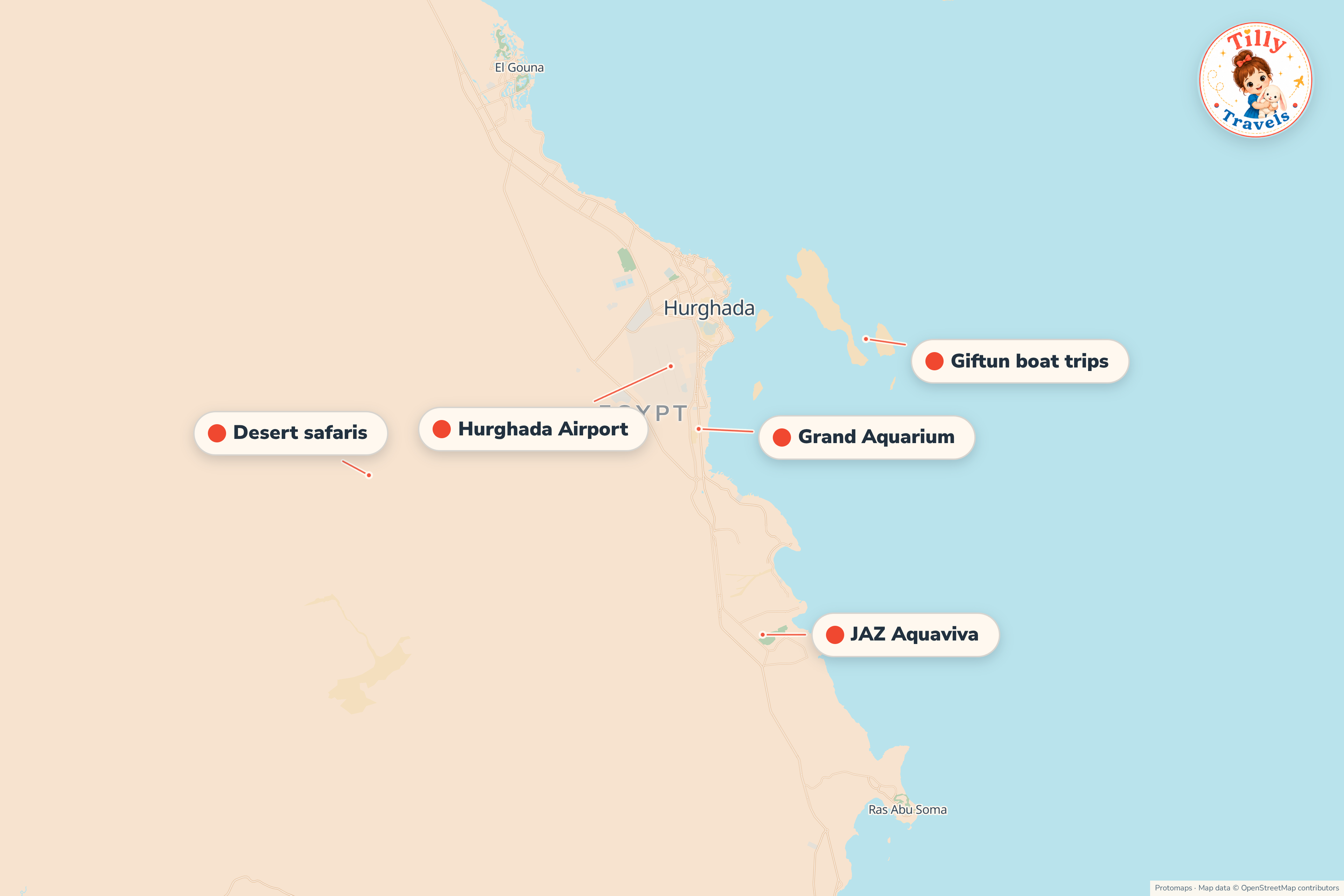 Map of the area around JAZ Aquaviva, showing the resort, the nearest airport and the main family days out