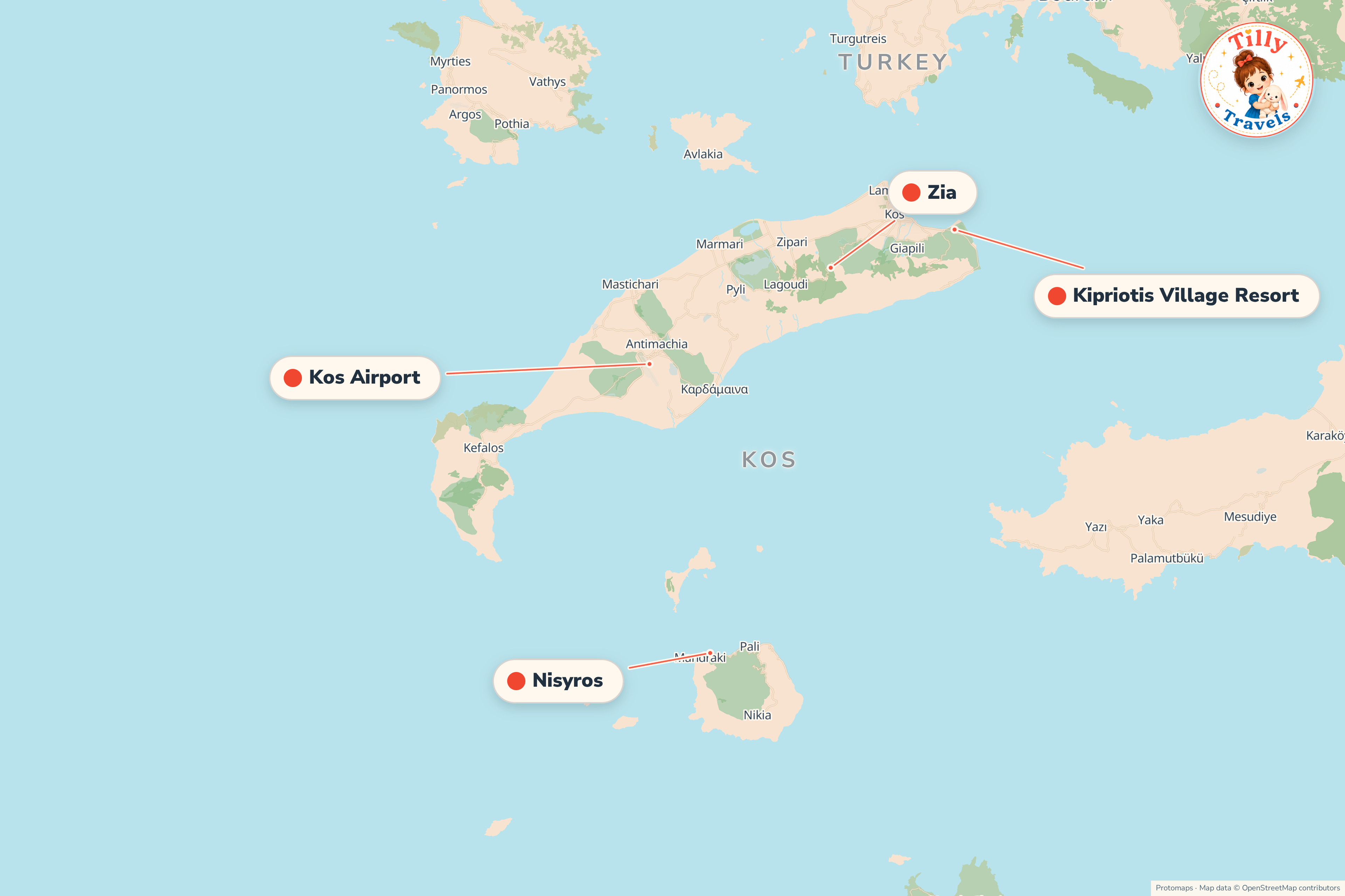 Map of the area around Kipriotis Village Resort, showing the resort, the nearest airport and the main family days out