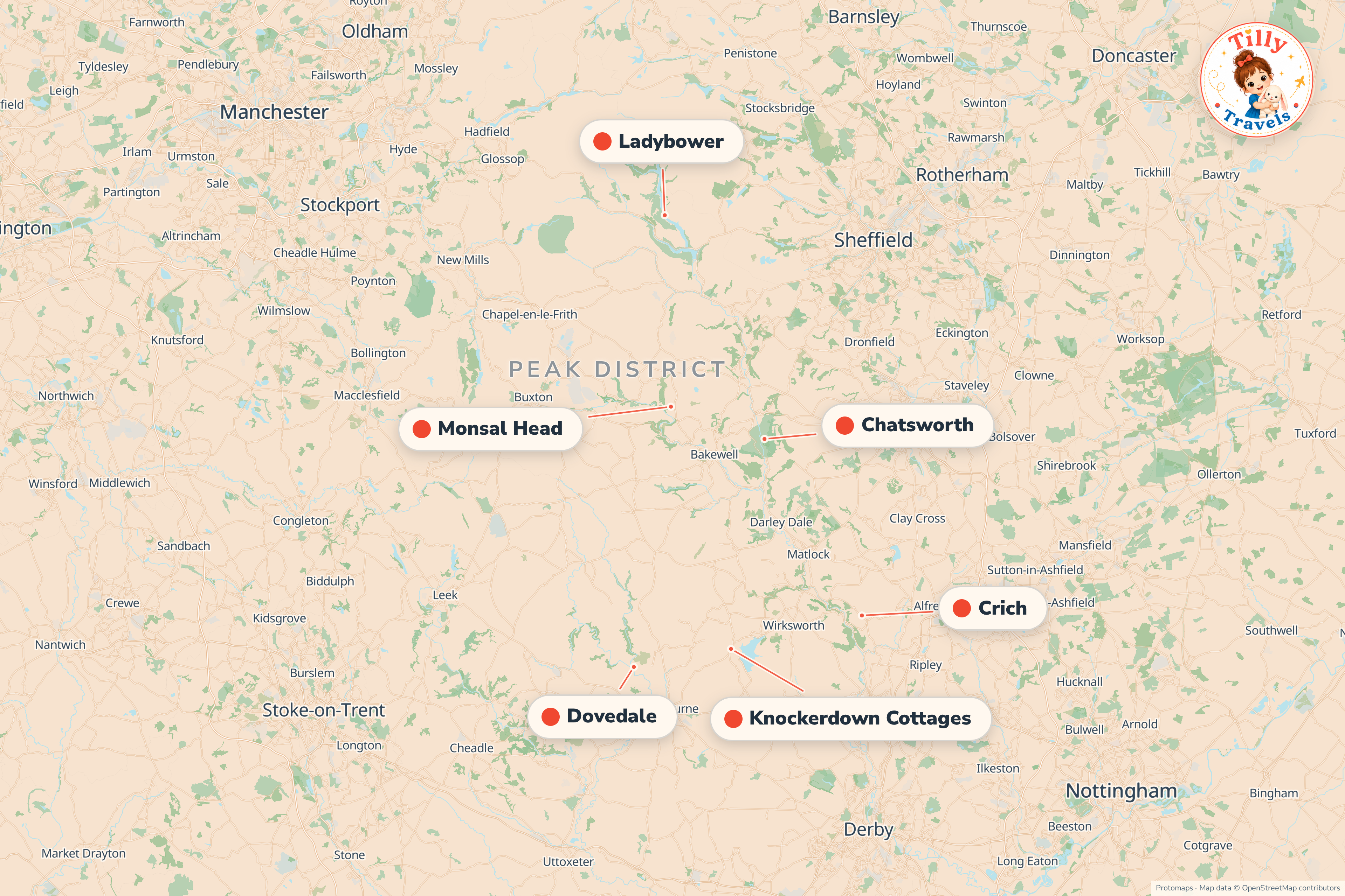Map of the area around Knockerdown Cottages, showing the resort, the nearest airport and the main family days out