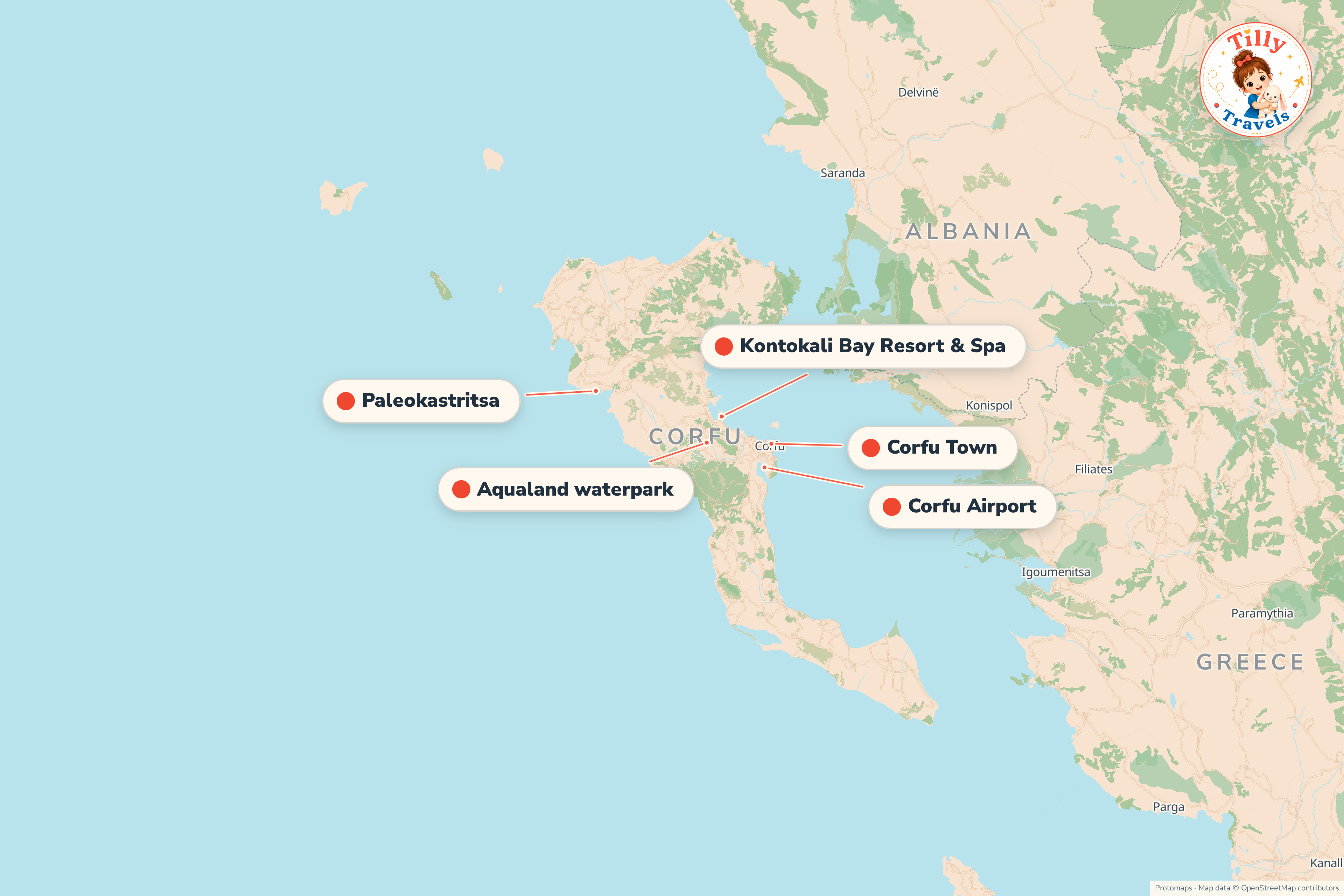 Map of the area around Kontokali Bay Resort & Spa, showing the resort, the nearest airport and the main family days out