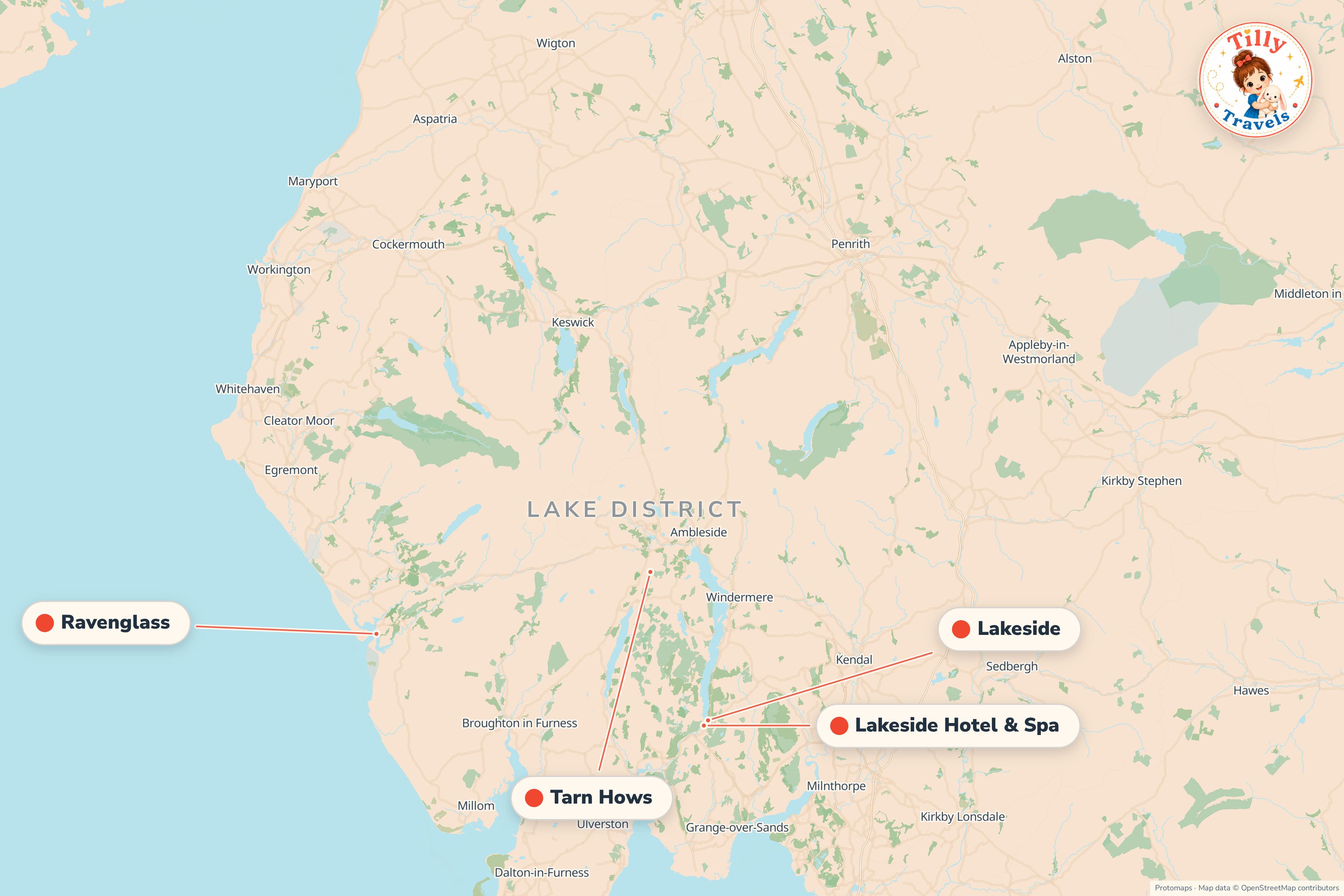 Map of the area around Lakeside Hotel & Spa, showing the resort, the nearest airport and the main family days out
