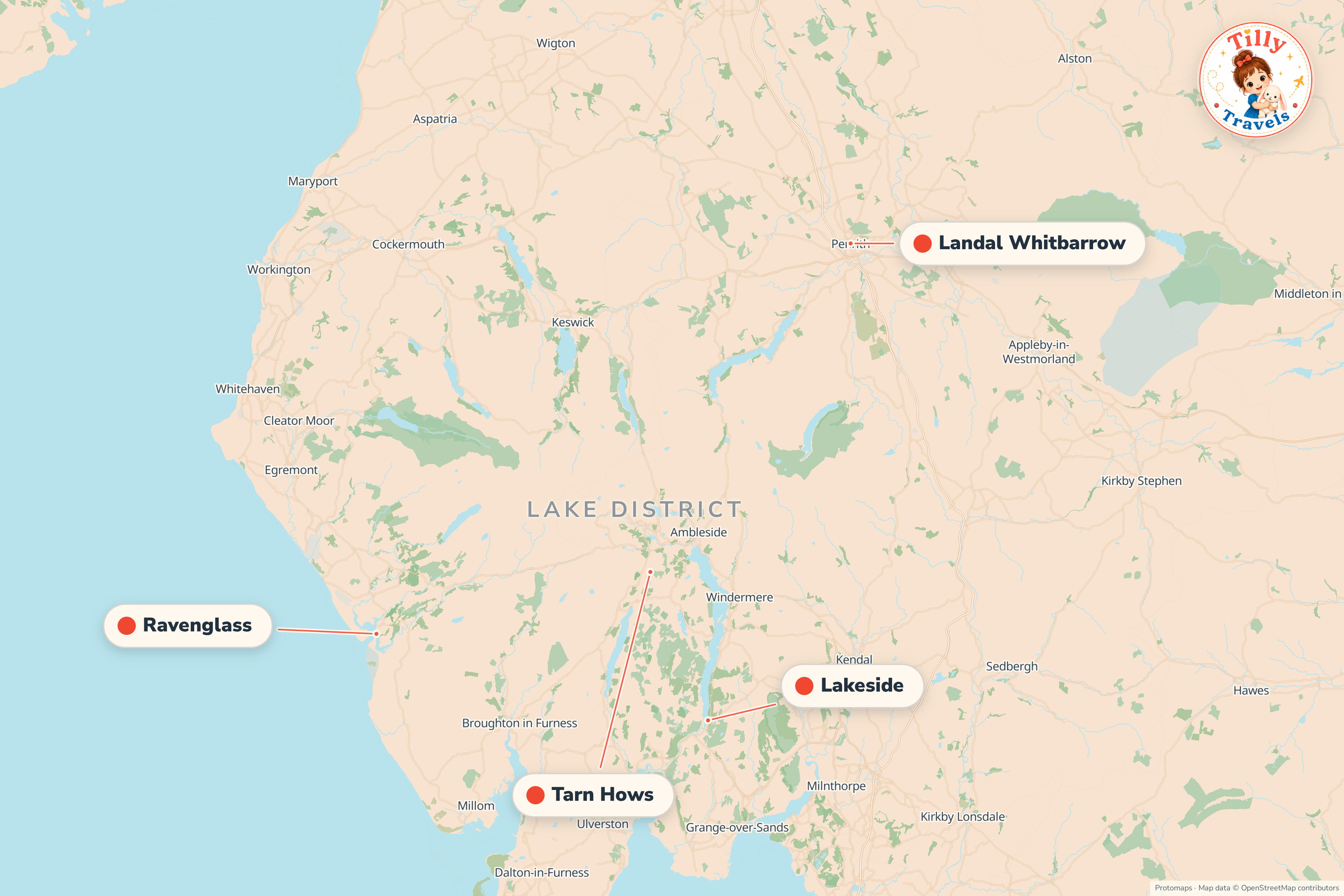Map of the area around Landal Whitbarrow, showing the resort, the nearest airport and the main family days out