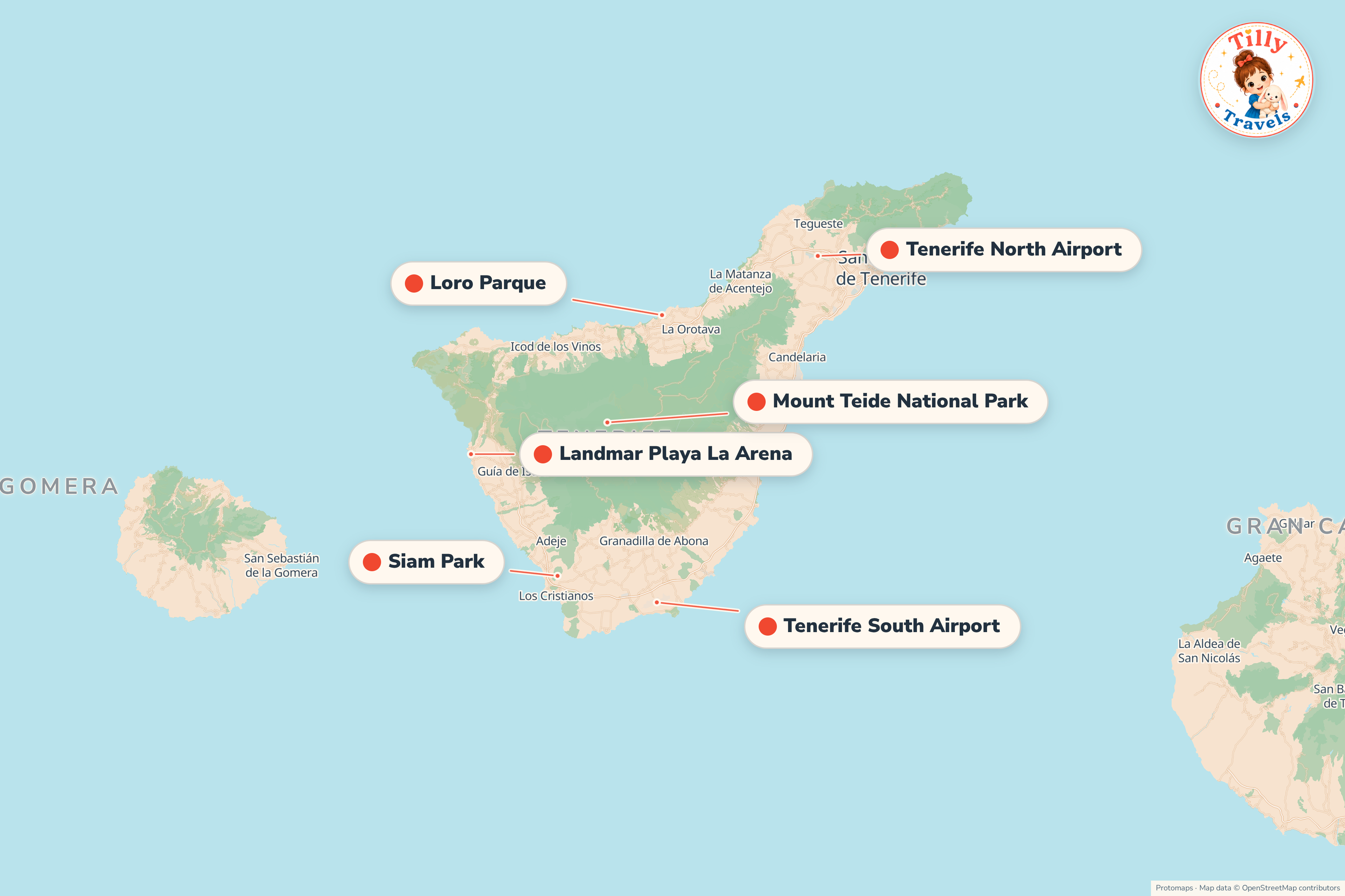 Map of the area around Landmar Playa La Arena, showing the resort, the nearest airport and the main family days out