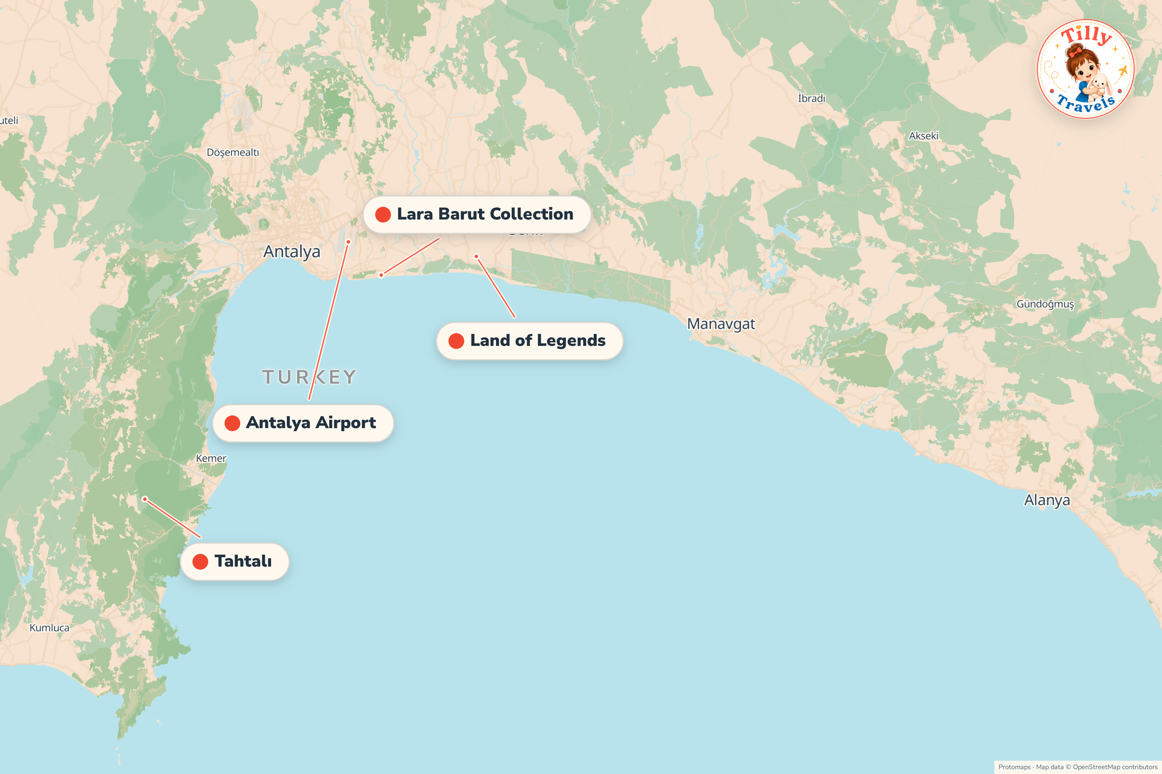 Map of the area around Lara Barut Collection, showing the resort, the nearest airport and the main family days out