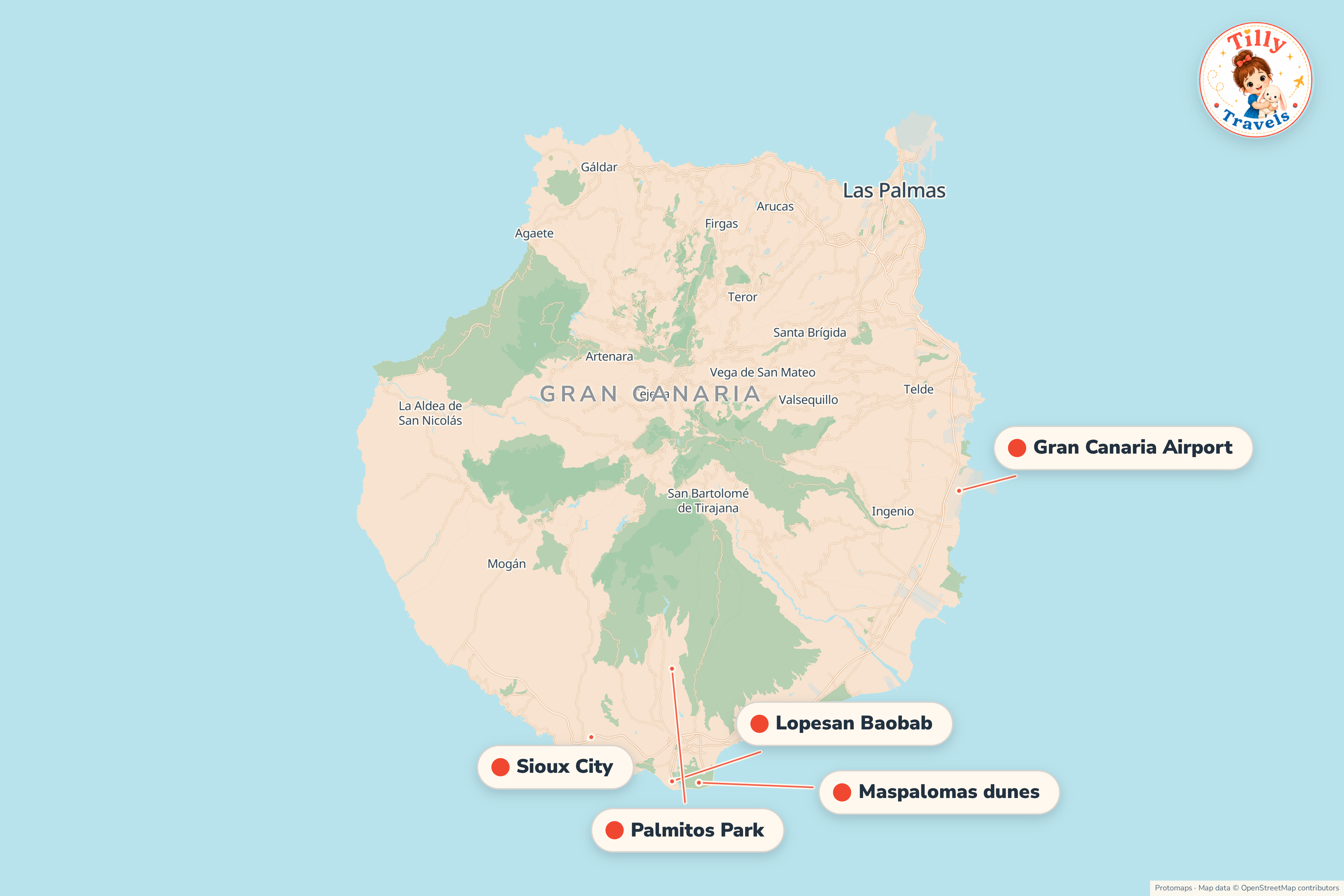 Map of the area around Lopesan Baobab, showing the resort, the nearest airport and the main family days out