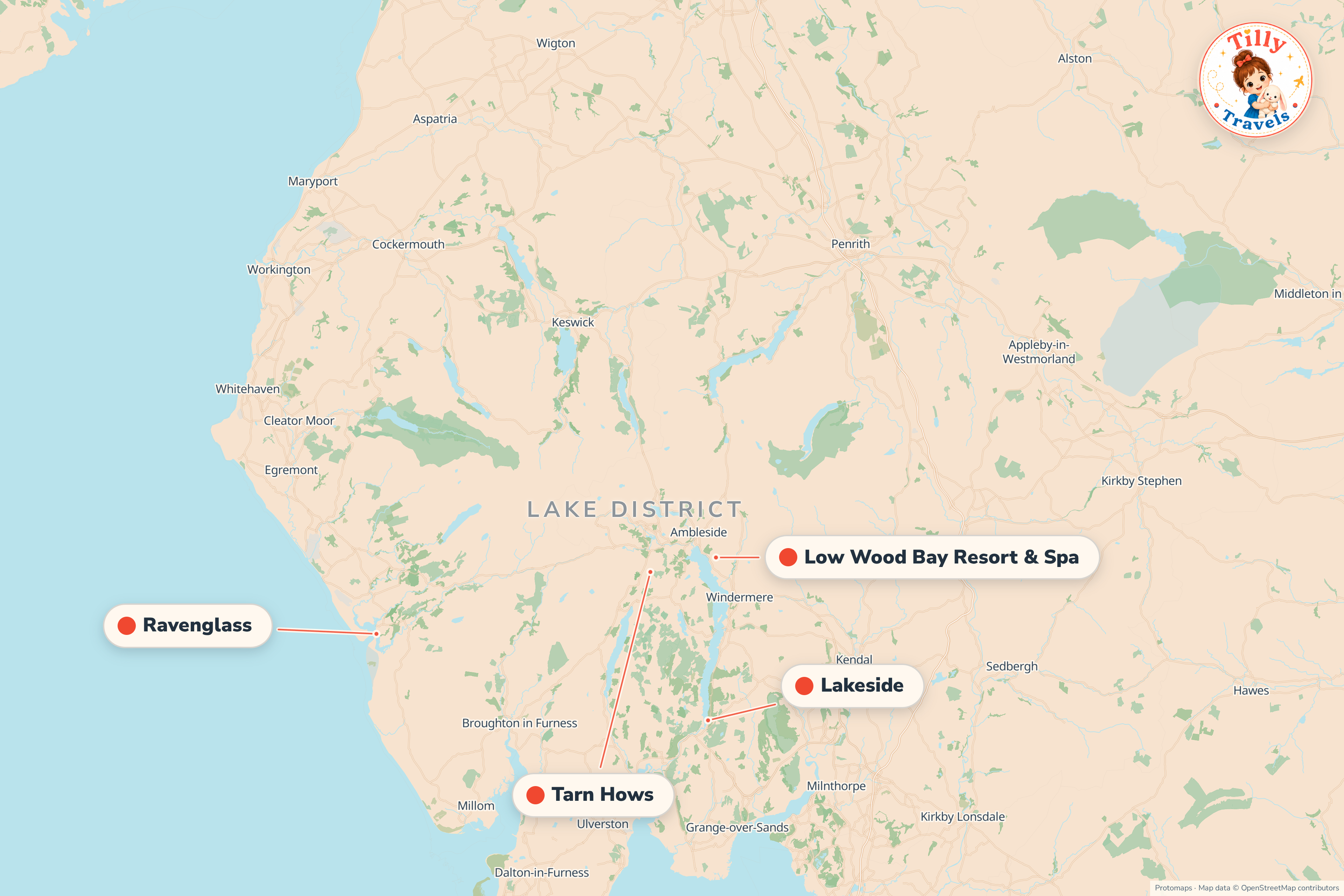 Map of the area around Low Wood Bay Resort & Spa, showing the resort, the nearest airport and the main family days out