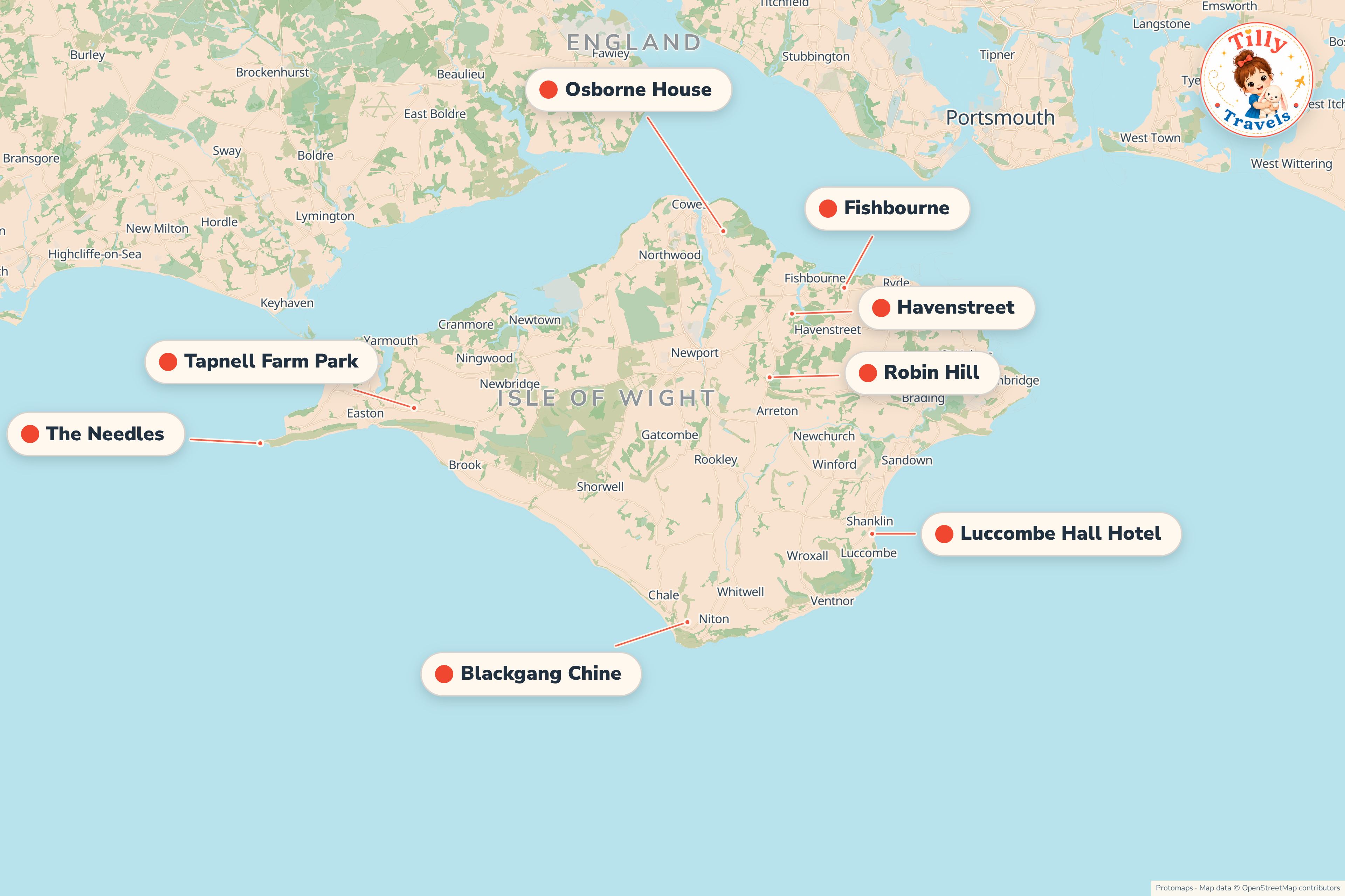 Map of the area around Luccombe Hall Hotel, showing the resort, the nearest airport and the main family days out
