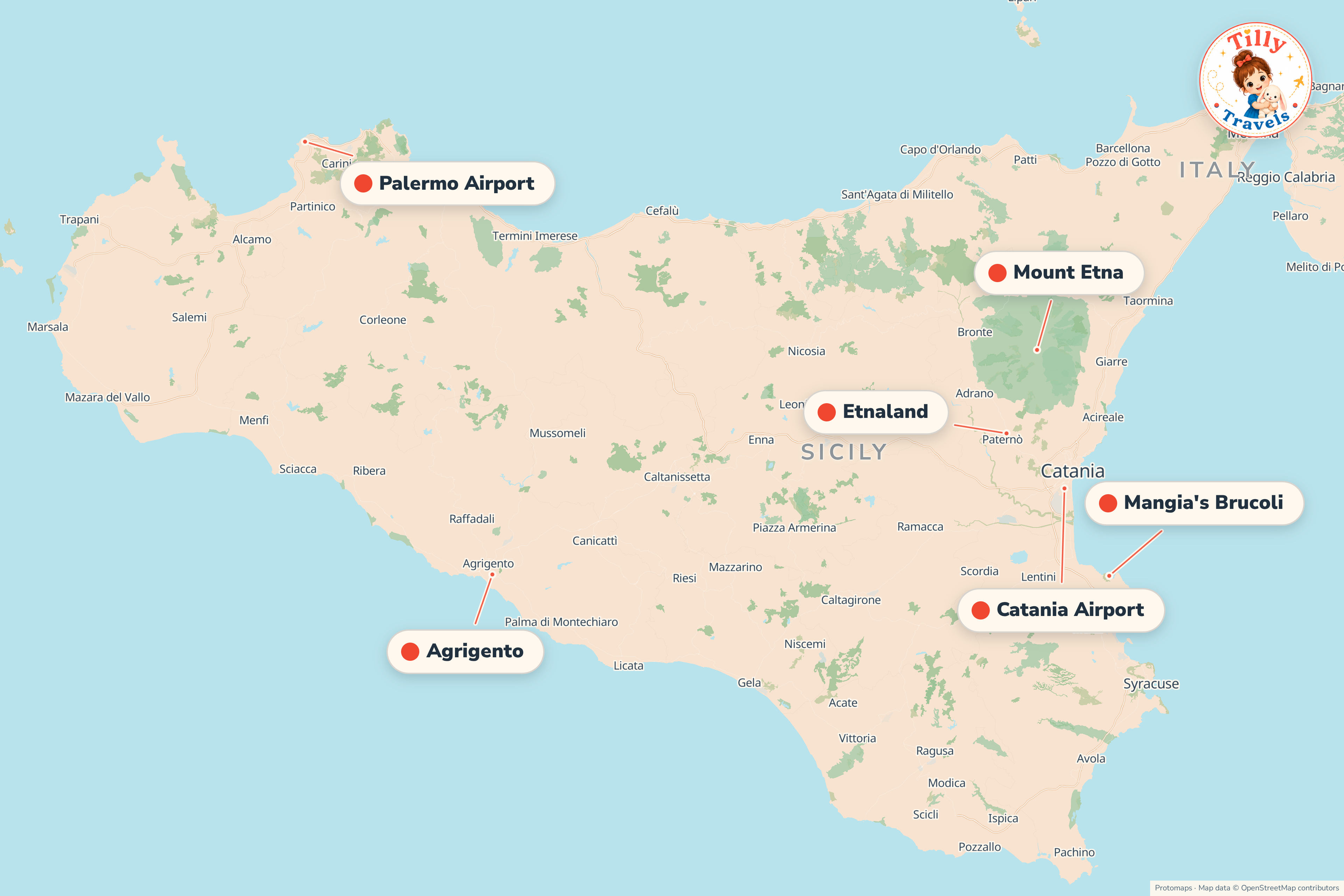 Map of the area around Mangia's Brucoli, showing the resort, the nearest airport and the main family days out