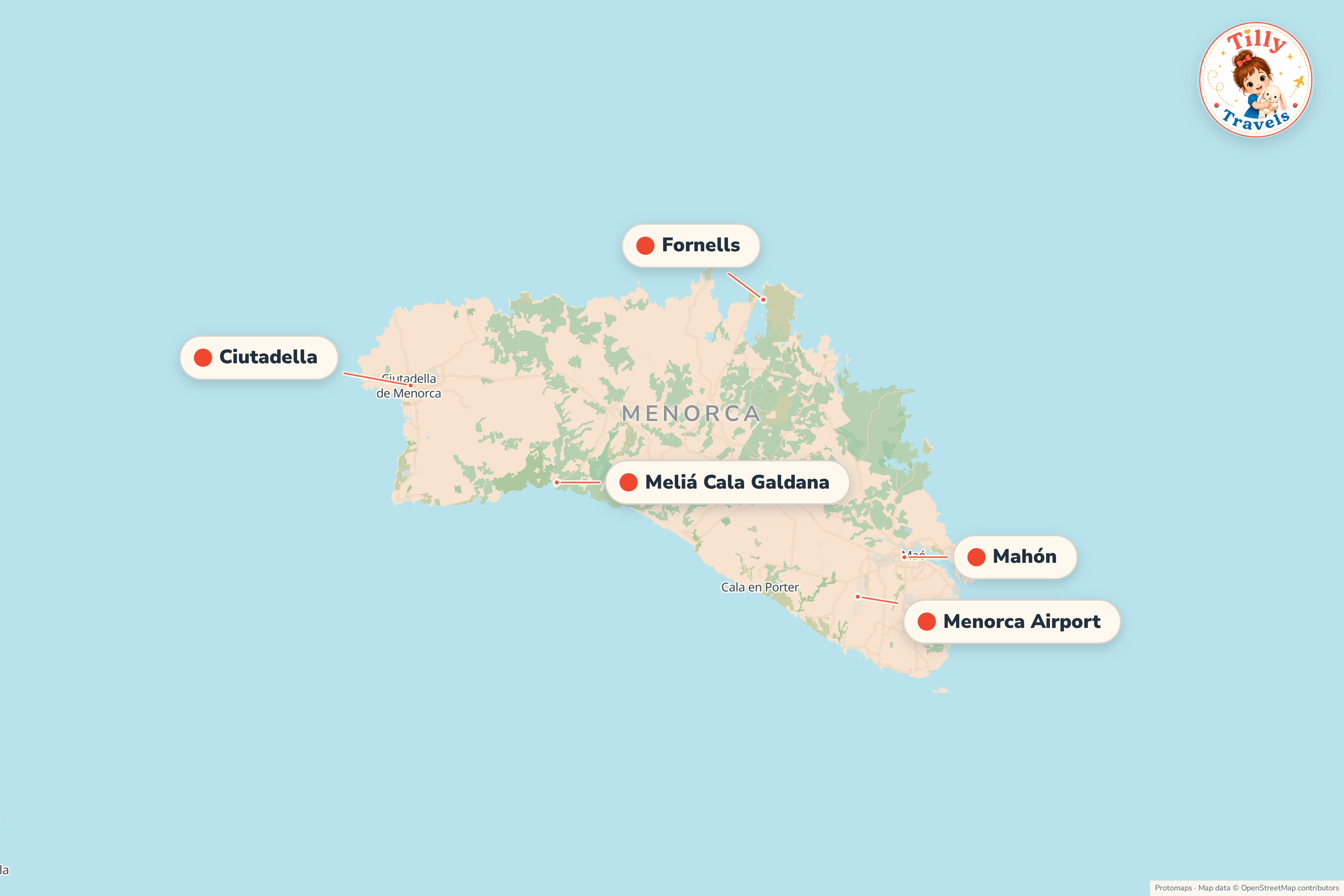 Map of the area around Meliá Cala Galdana, showing the resort, the nearest airport and the main family days out