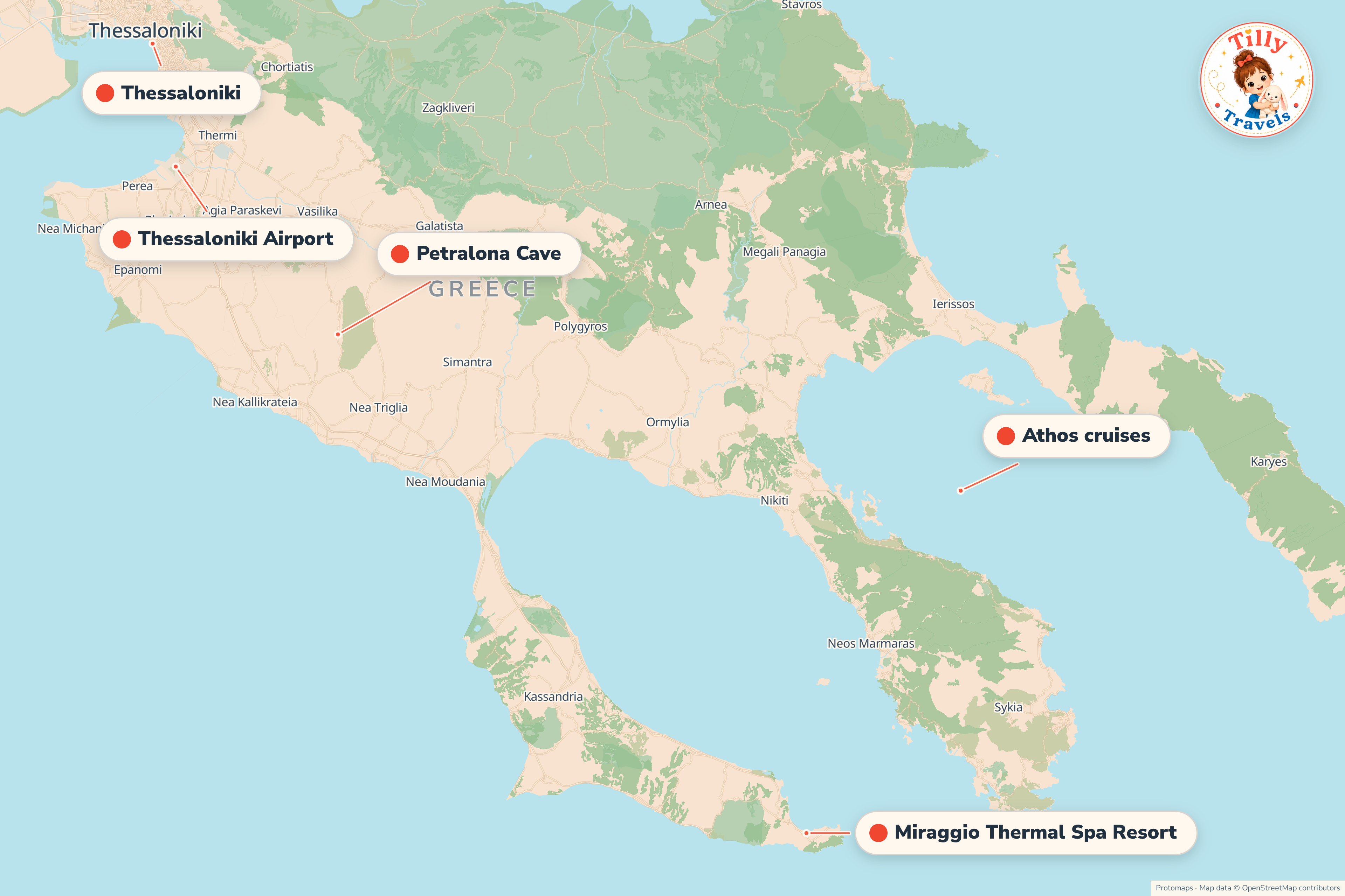 Map of the area around Miraggio Thermal Spa Resort, showing the resort, the nearest airport and the main family days out