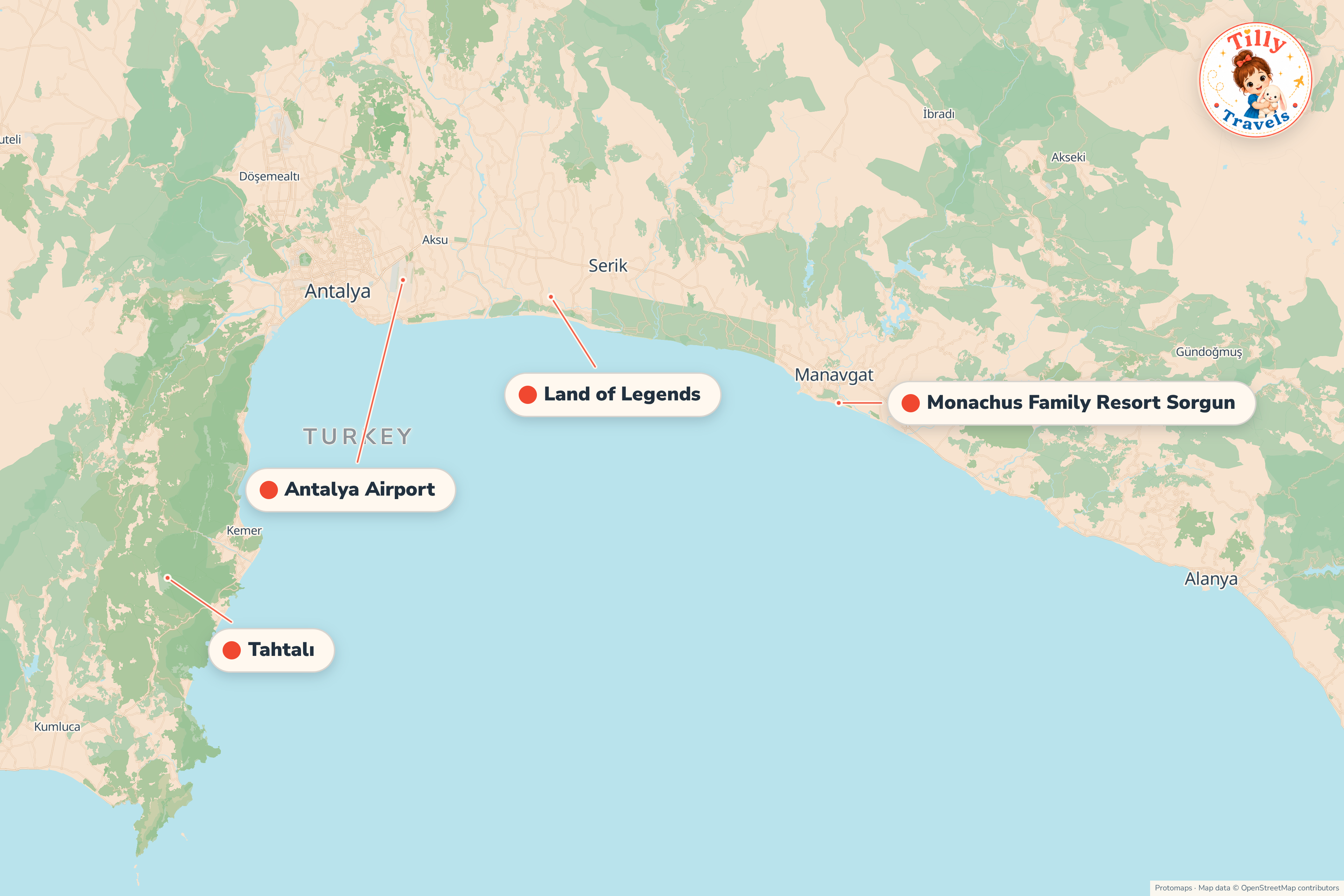 Map of the area around Monachus Family Resort Sorgun, showing the resort, the nearest airport and the main family days out