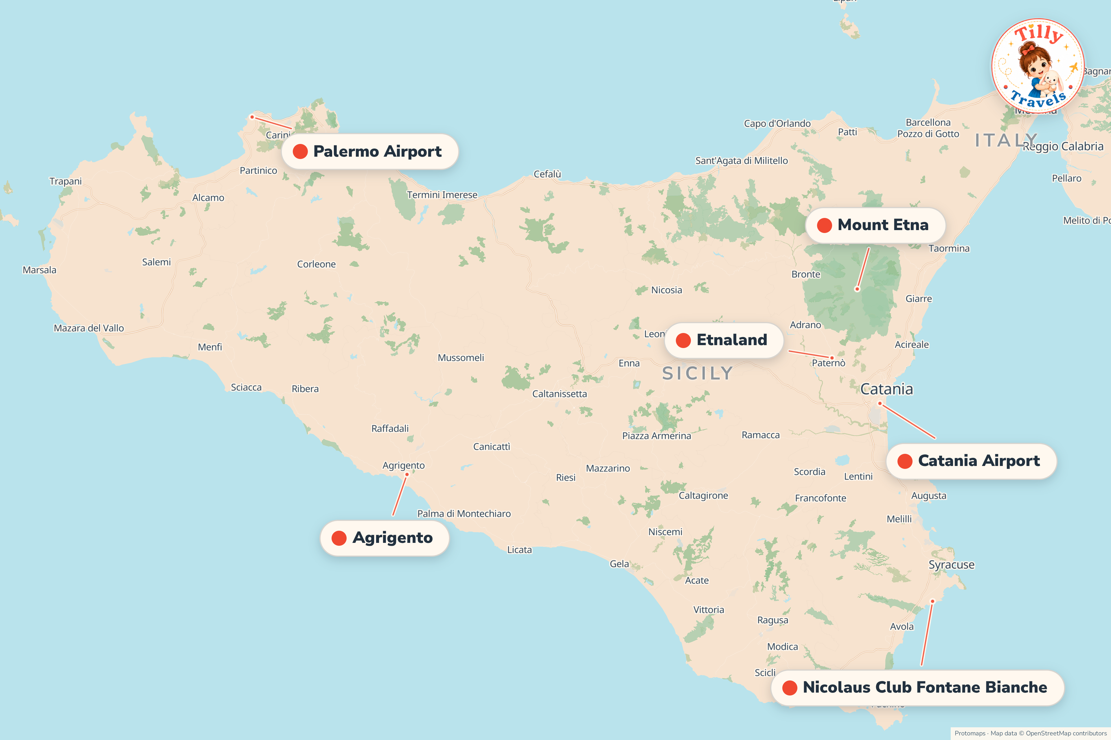 Map of the area around Nicolaus Club Fontane Bianche, showing the resort, the nearest airport and the main family days out