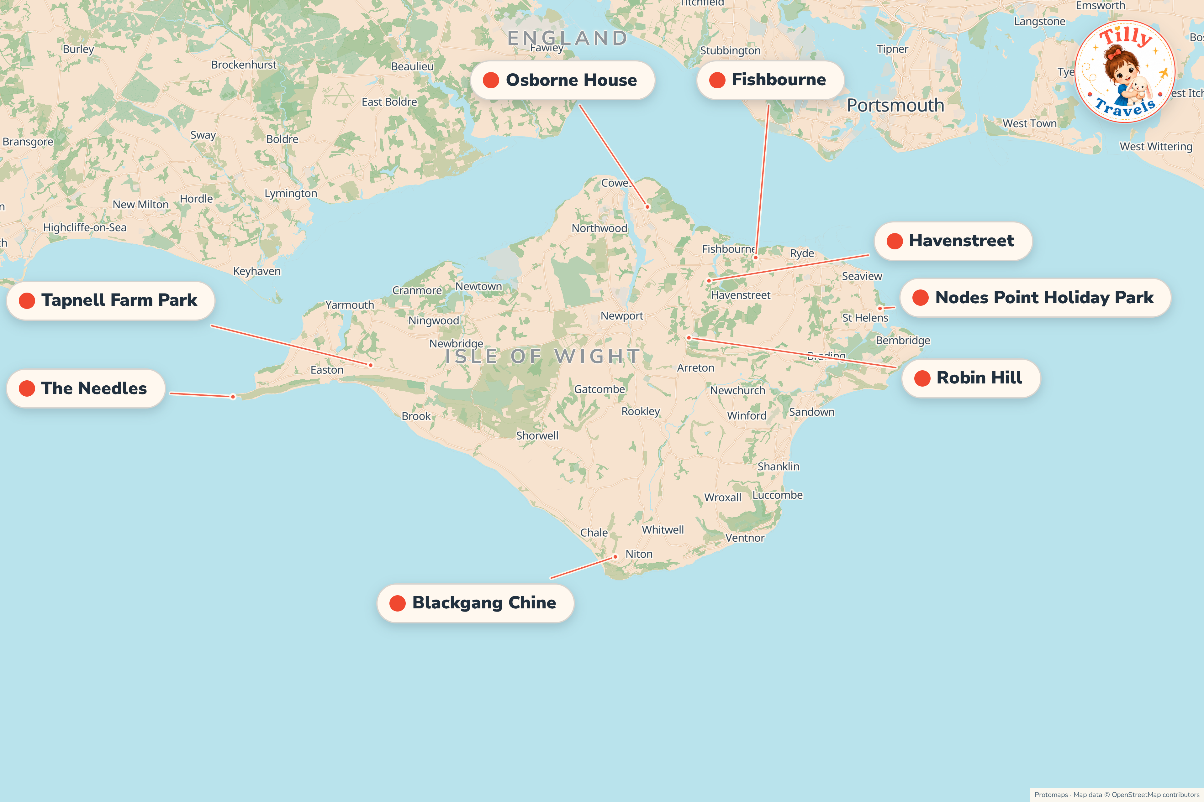 Map of the area around Nodes Point Holiday Park, showing the resort, the nearest airport and the main family days out