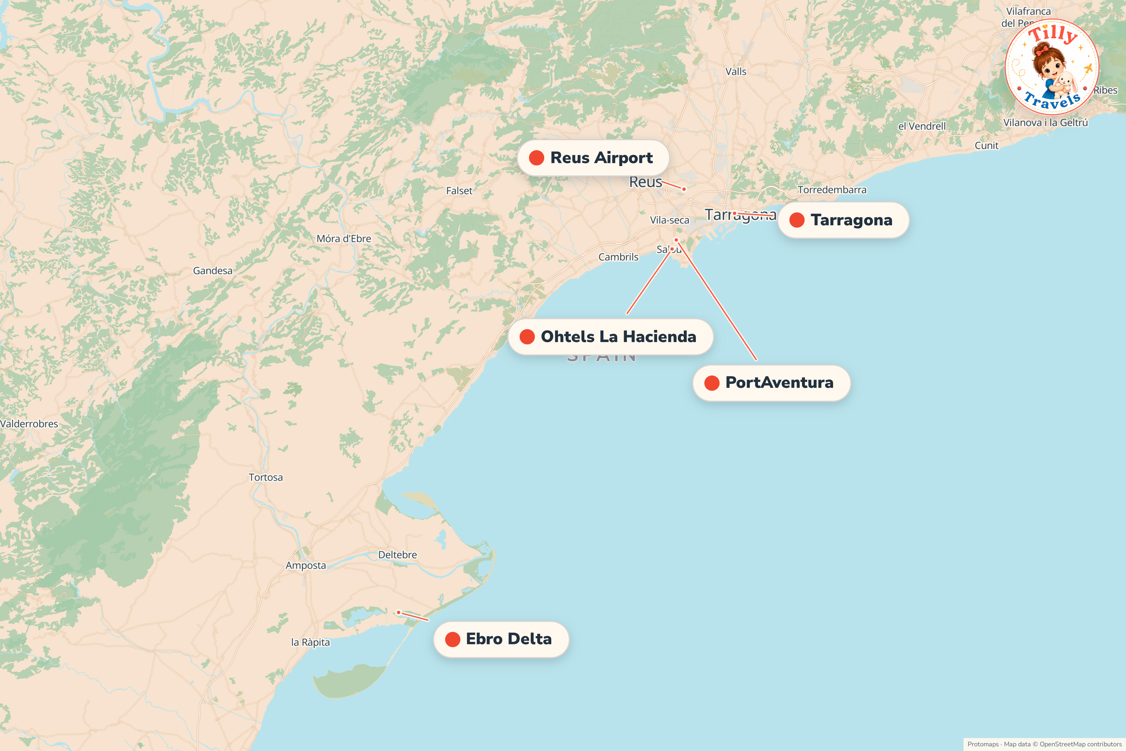 Map of the area around Ohtels La Hacienda, showing the resort, the nearest airport and the main family days out