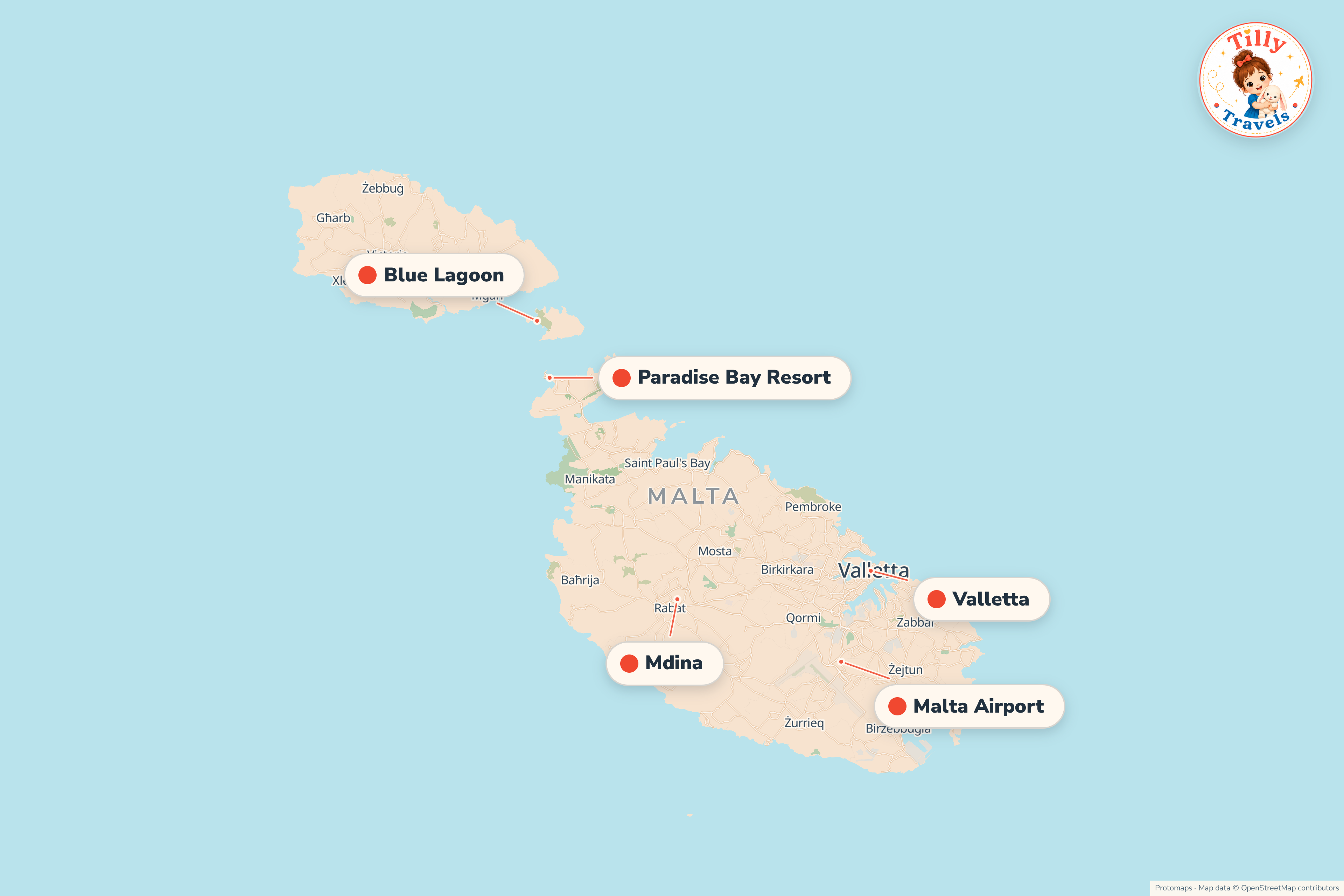 Map of the area around Paradise Bay Resort, showing the resort, the nearest airport and the main family days out