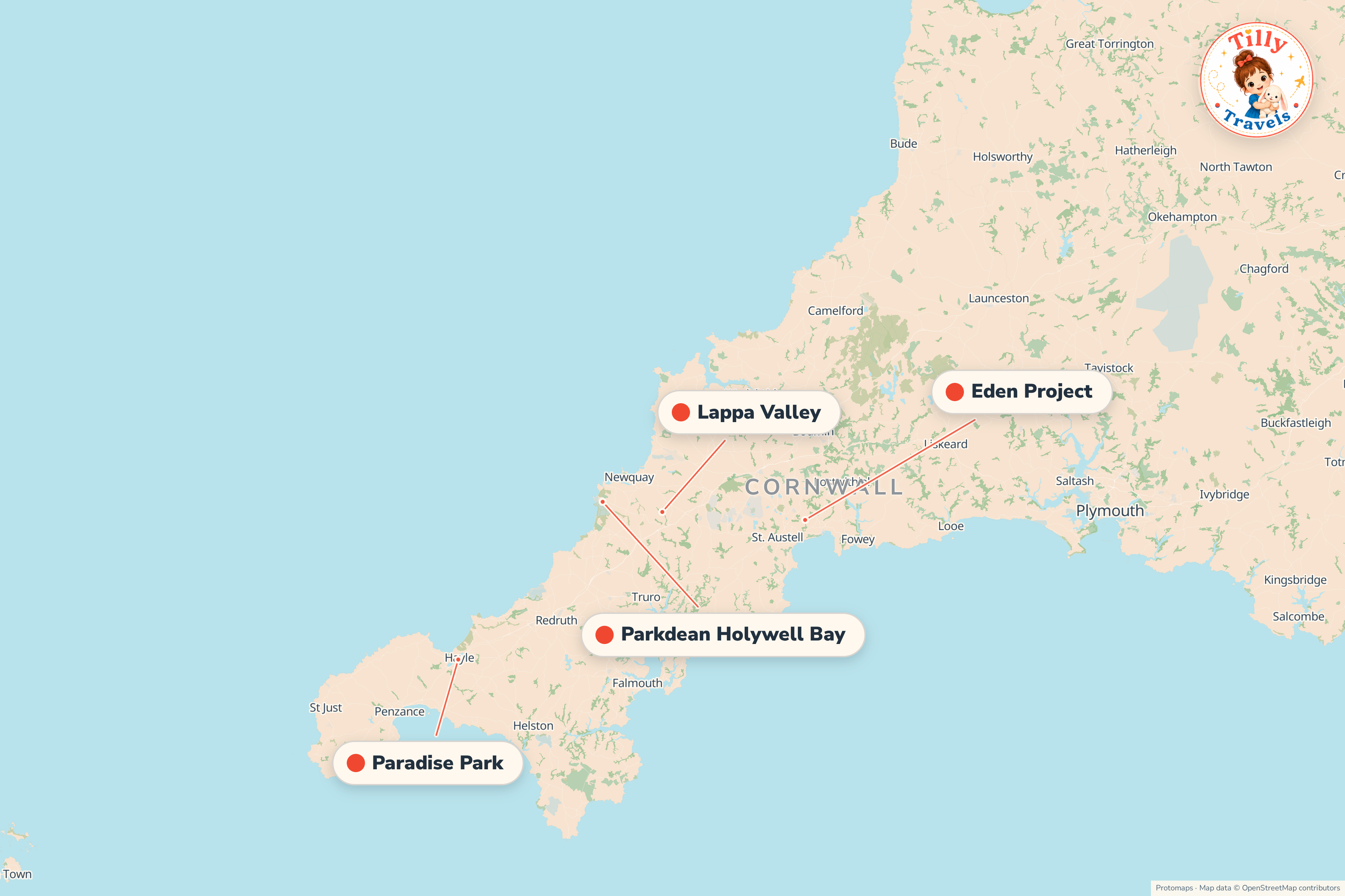 Map of the area around Parkdean Holywell Bay, showing the resort, the nearest airport and the main family days out