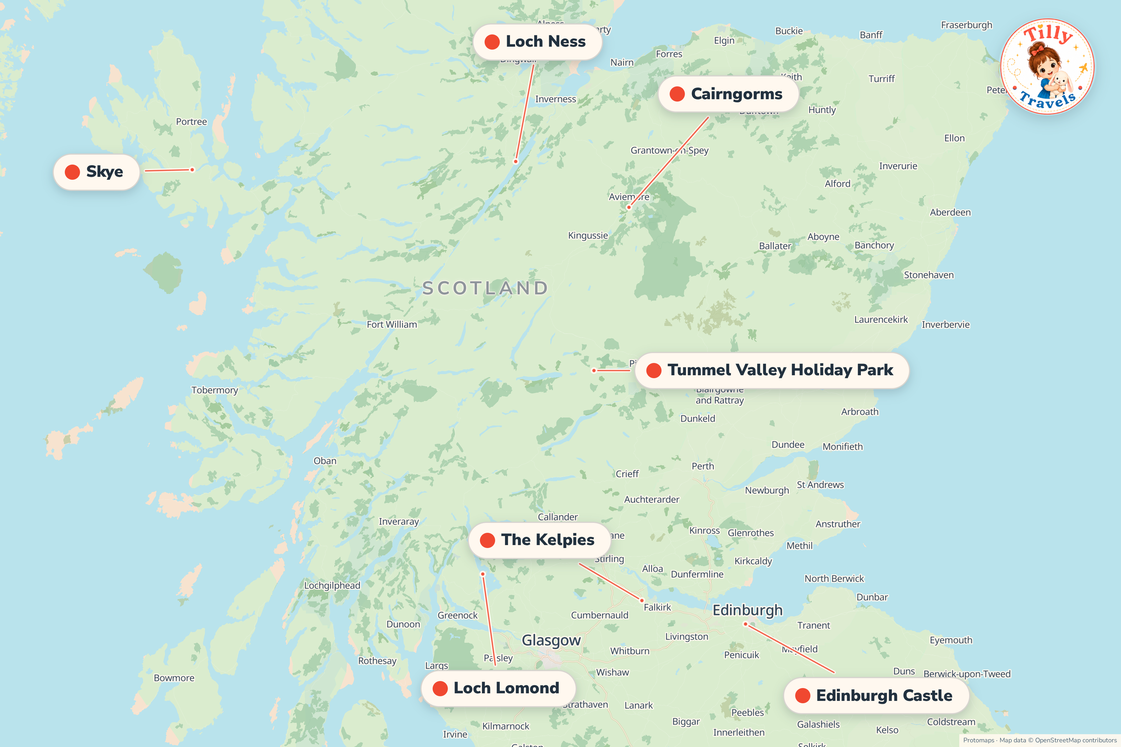 Map of the area around Tummel Valley Holiday Park, showing the resort, the nearest airport and the main family days out