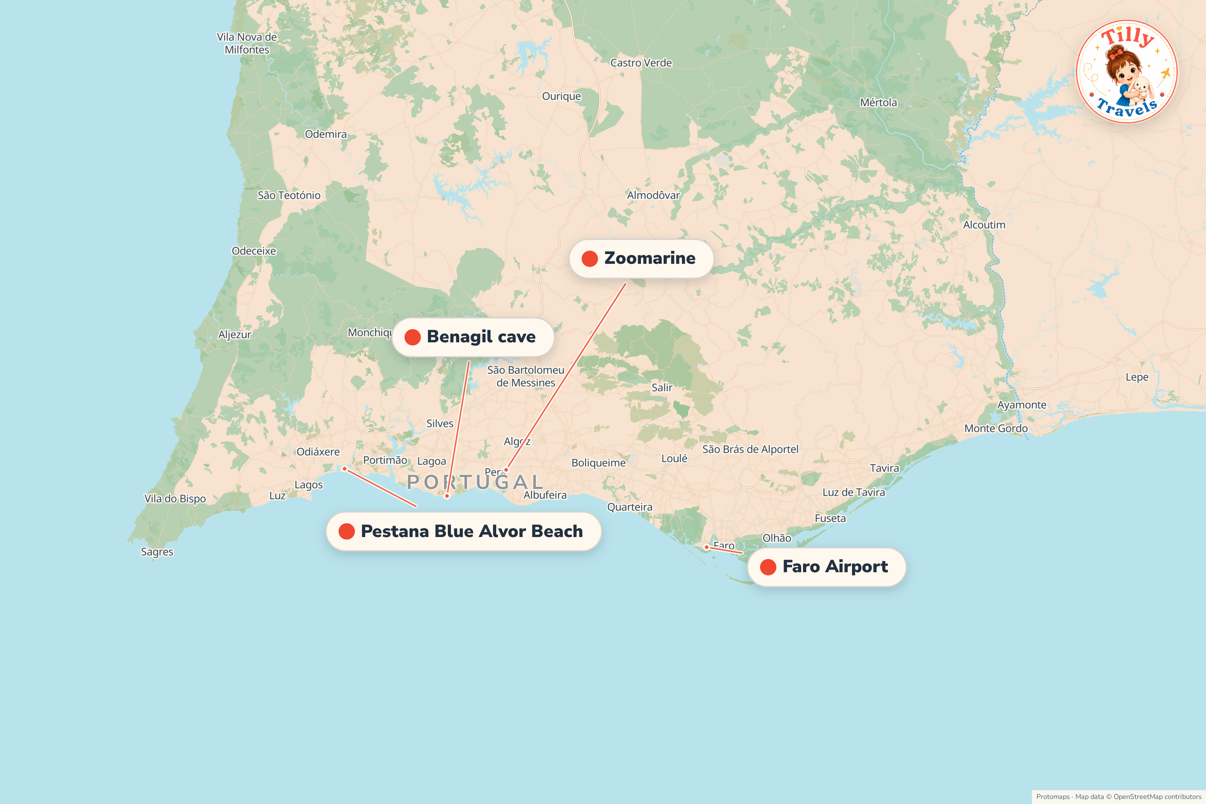 Map of the area around Pestana Blue Alvor Beach, showing the resort, the nearest airport and the main family days out