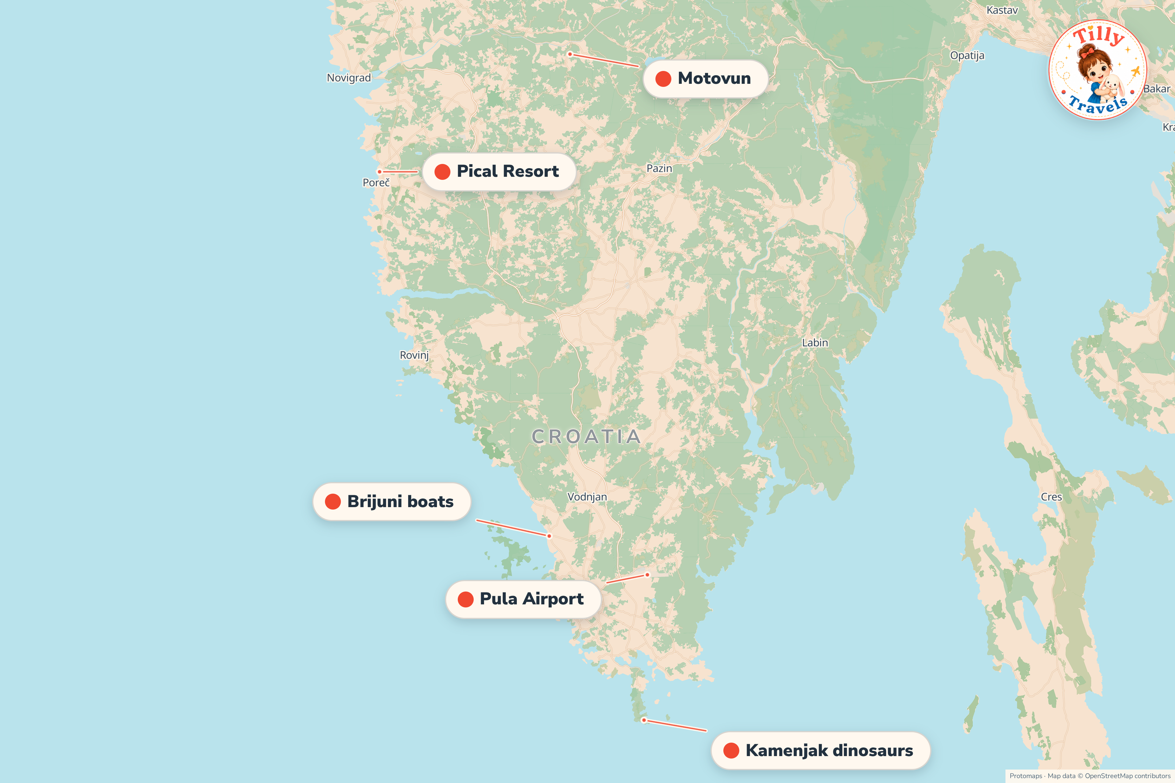 Map of the area around Pical Resort, showing the resort, the nearest airport and the main family days out
