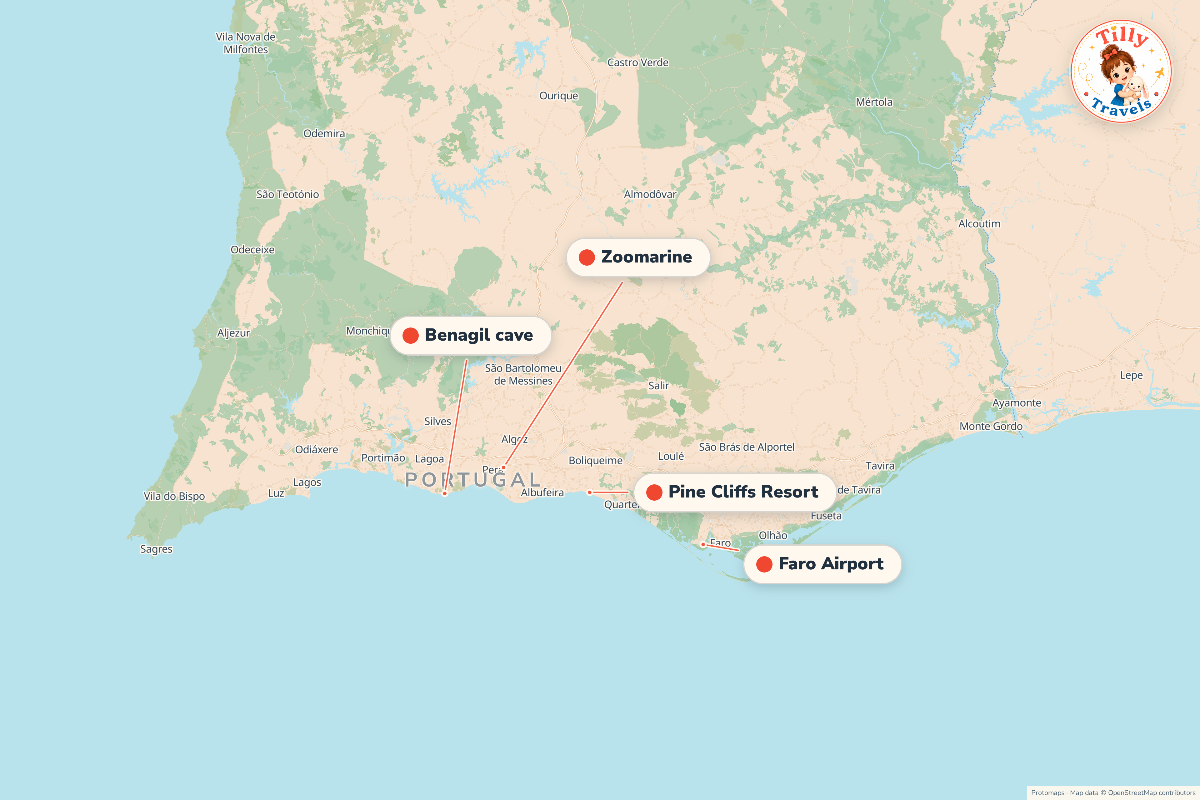 Map of the area around Pine Cliffs Resort, showing the resort, the nearest airport and the main family days out