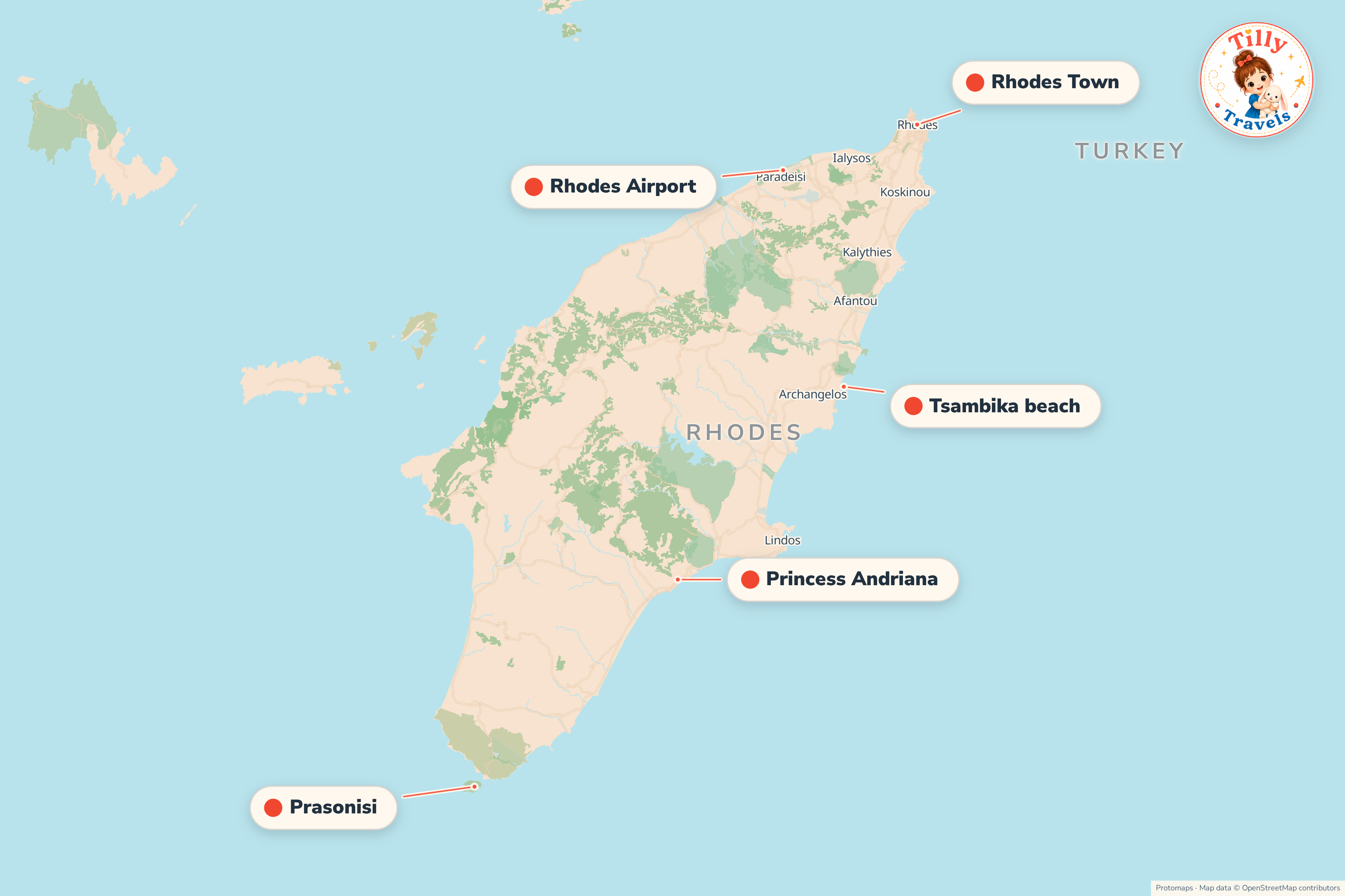 Map of the area around Princess Andriana, showing the resort, the nearest airport and the main family days out