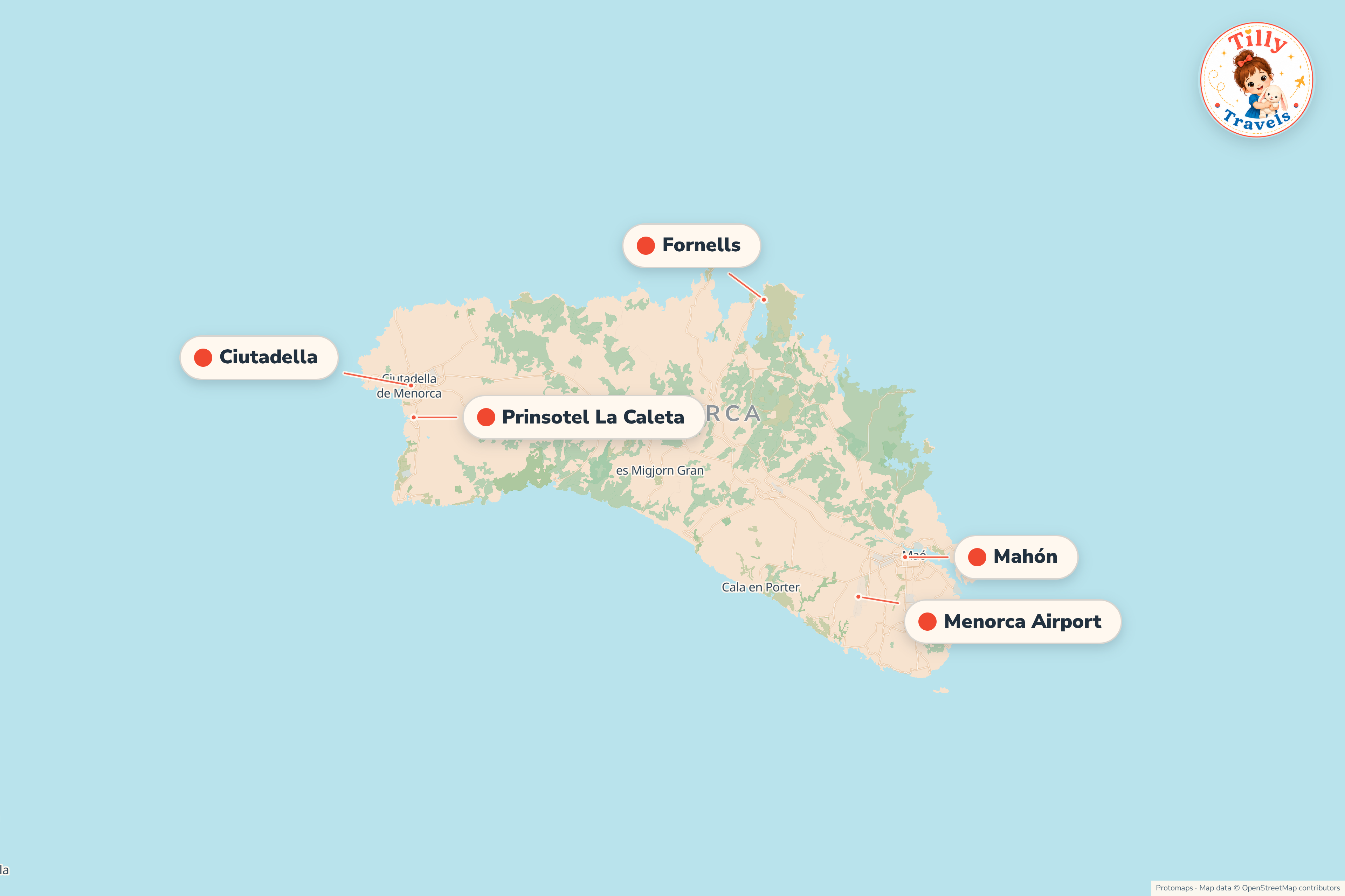 Map of the area around Prinsotel La Caleta, showing the resort, the nearest airport and the main family days out