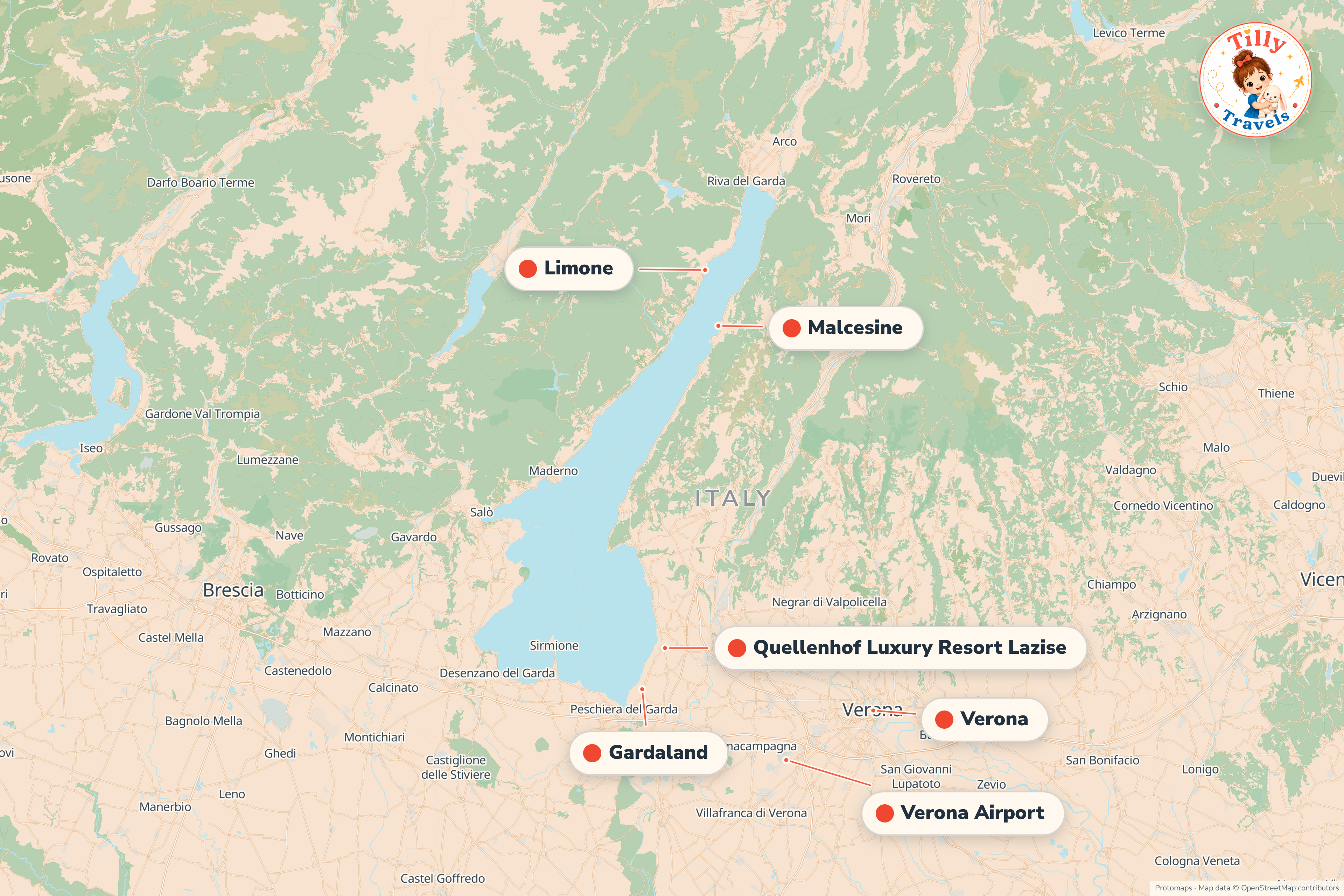 Map of the area around Quellenhof Luxury Resort Lazise, showing the resort, the nearest airport and the main family days out