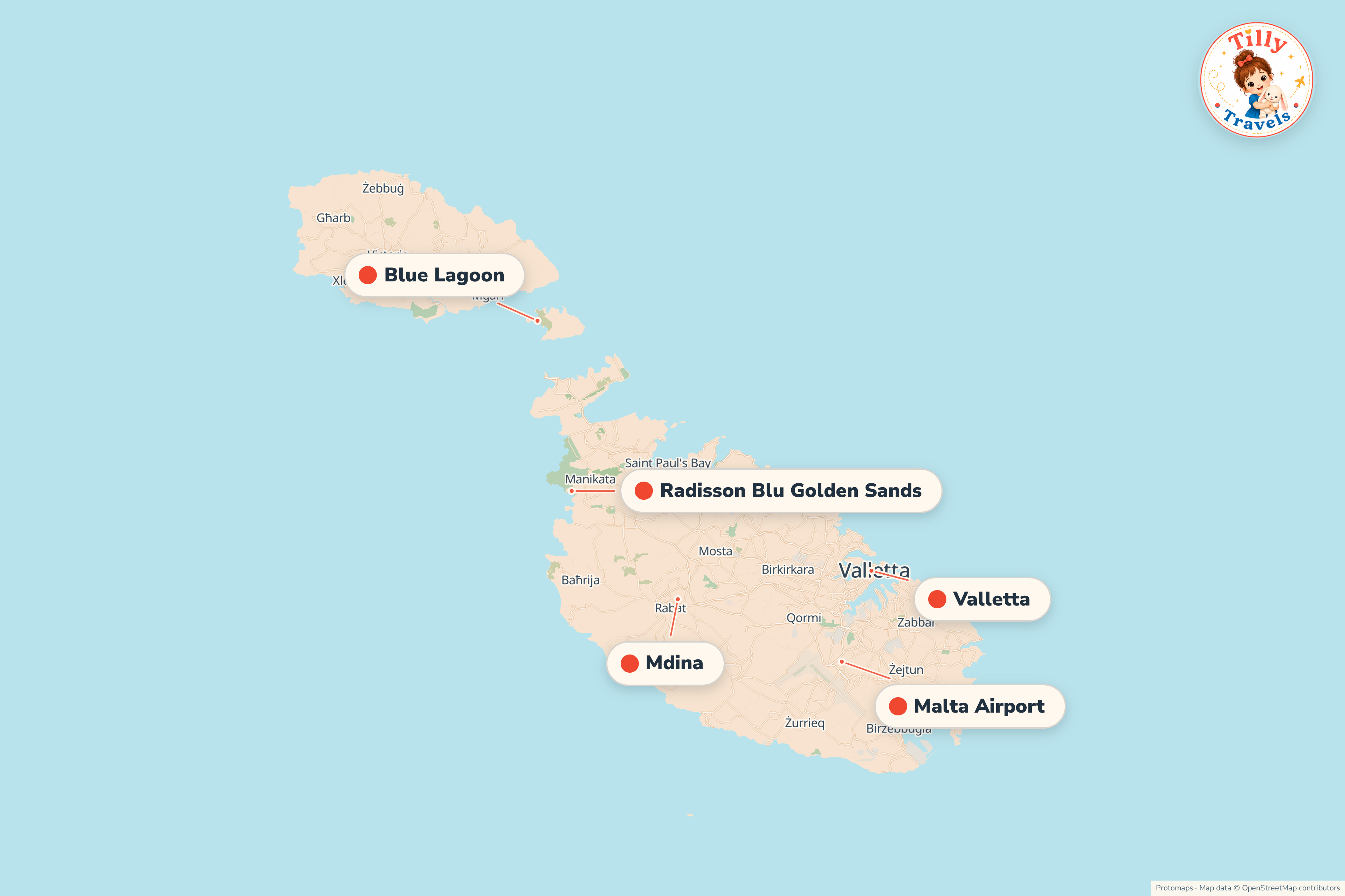 Map of the area around Radisson Blu Golden Sands, showing the resort, the nearest airport and the main family days out