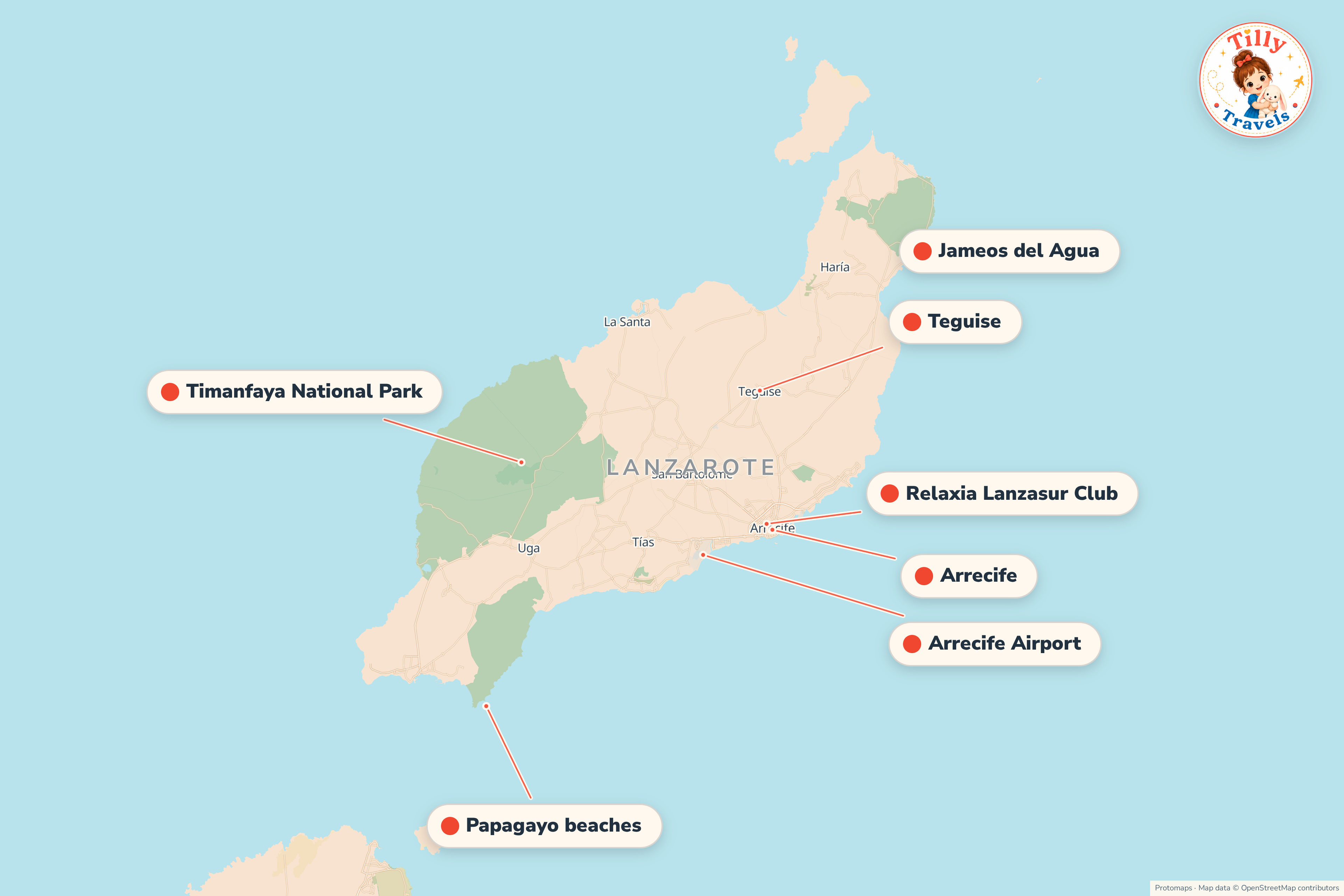 Map of the area around Relaxia Lanzasur Club, showing the resort, the nearest airport and the main family days out
