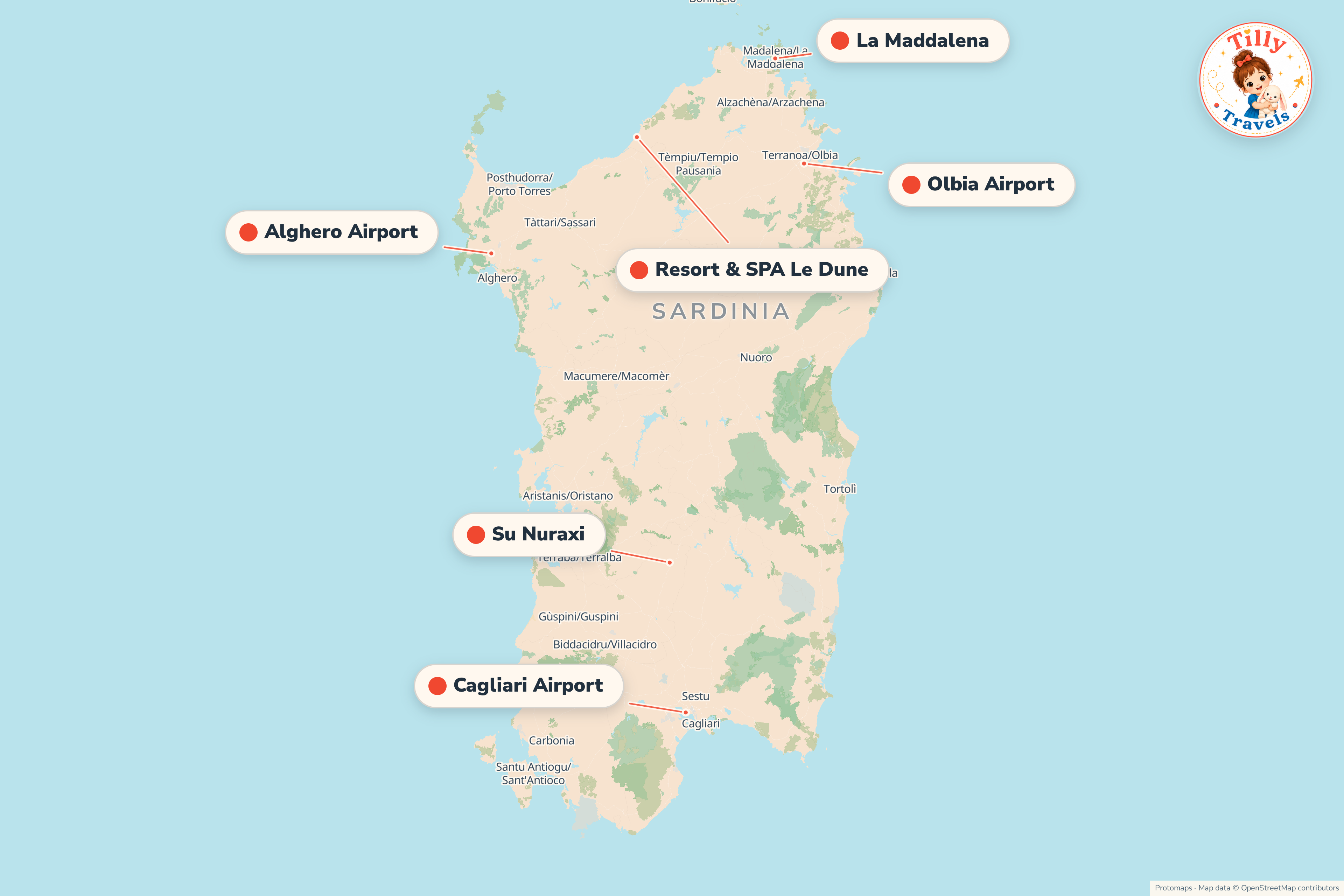 Map of the area around Resort & SPA Le Dune, showing the resort, the nearest airport and the main family days out