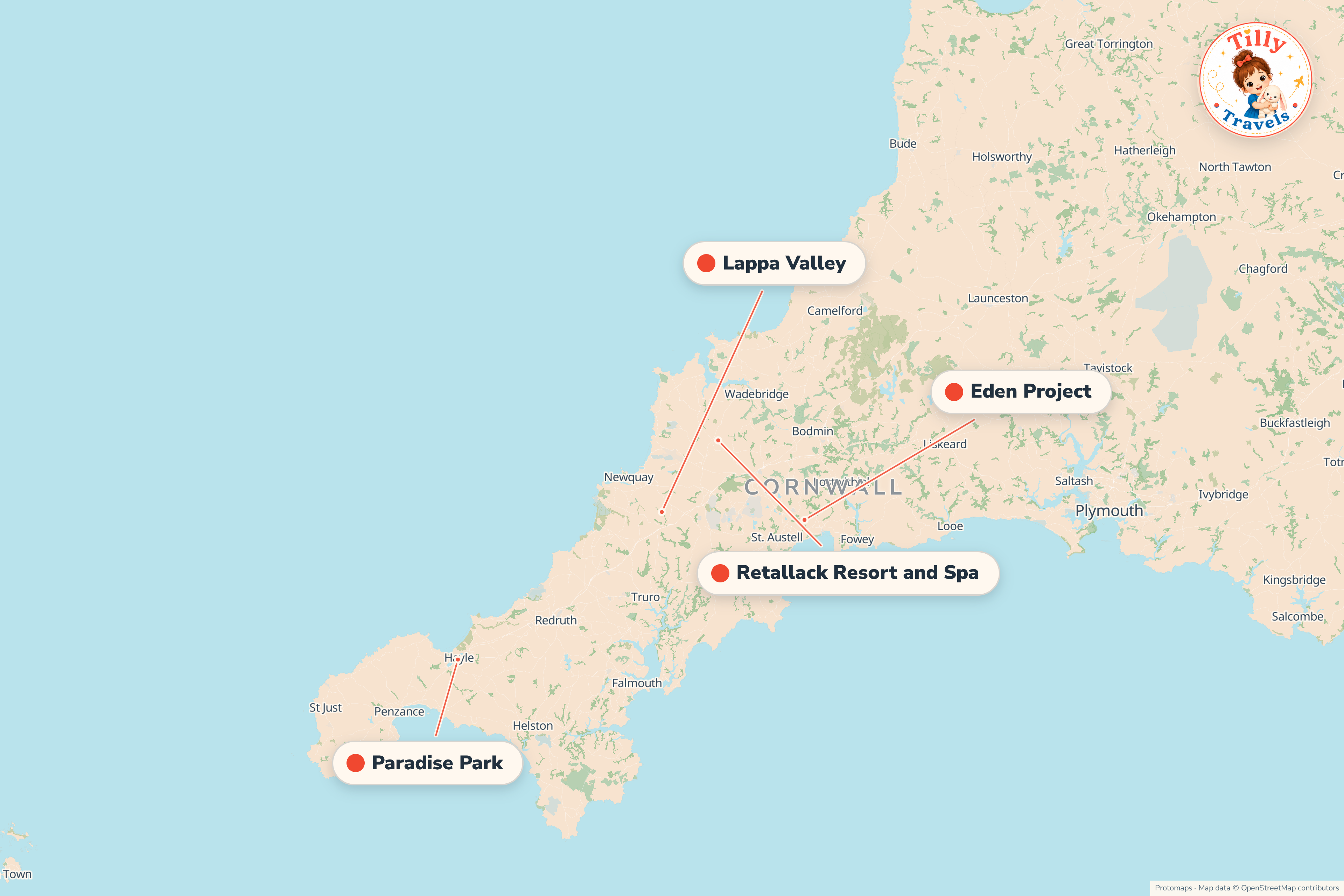 Map of the area around Retallack Resort and Spa, showing the resort, the nearest airport and the main family days out