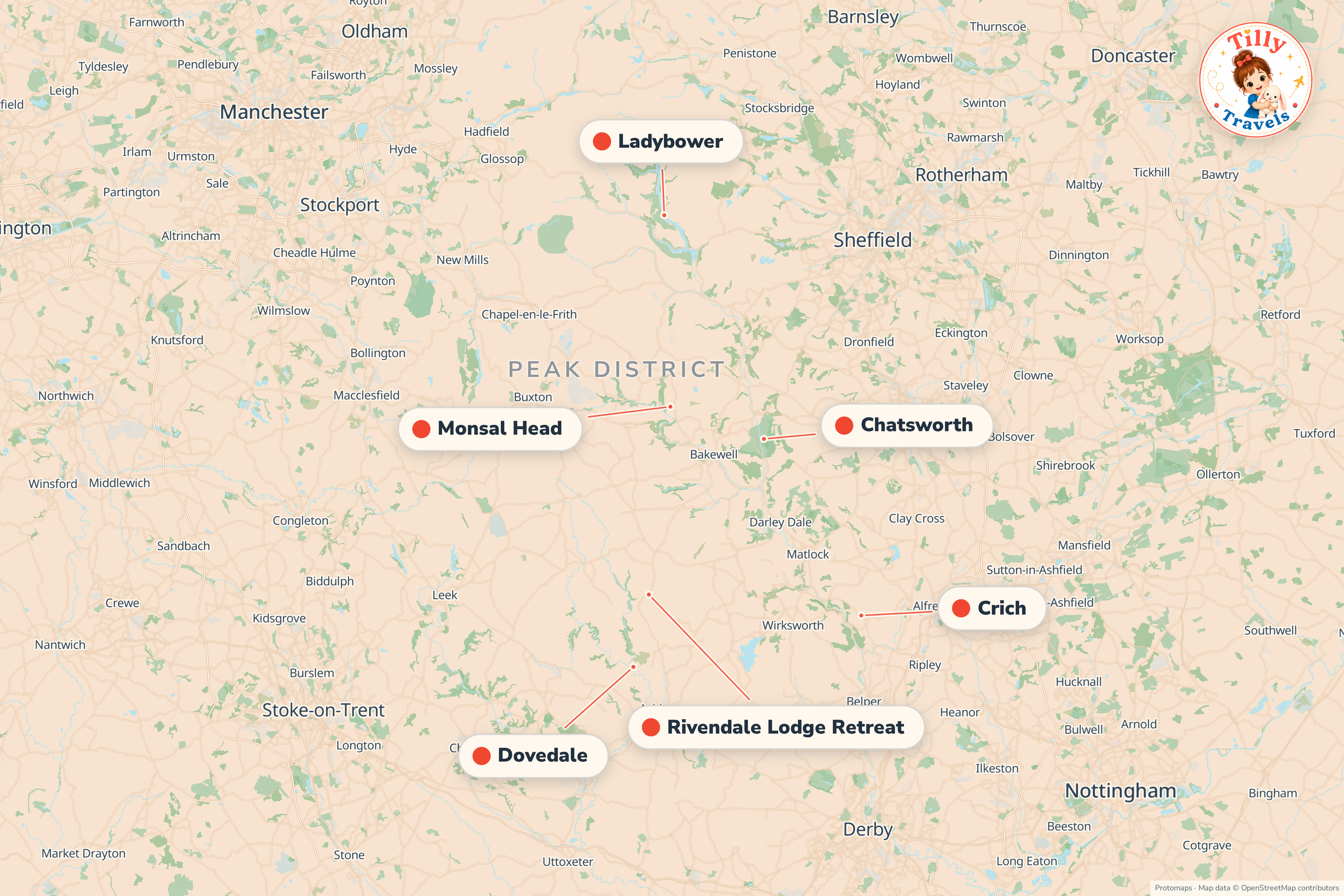 Map of the area around Rivendale Lodge Retreat, showing the resort, the nearest airport and the main family days out