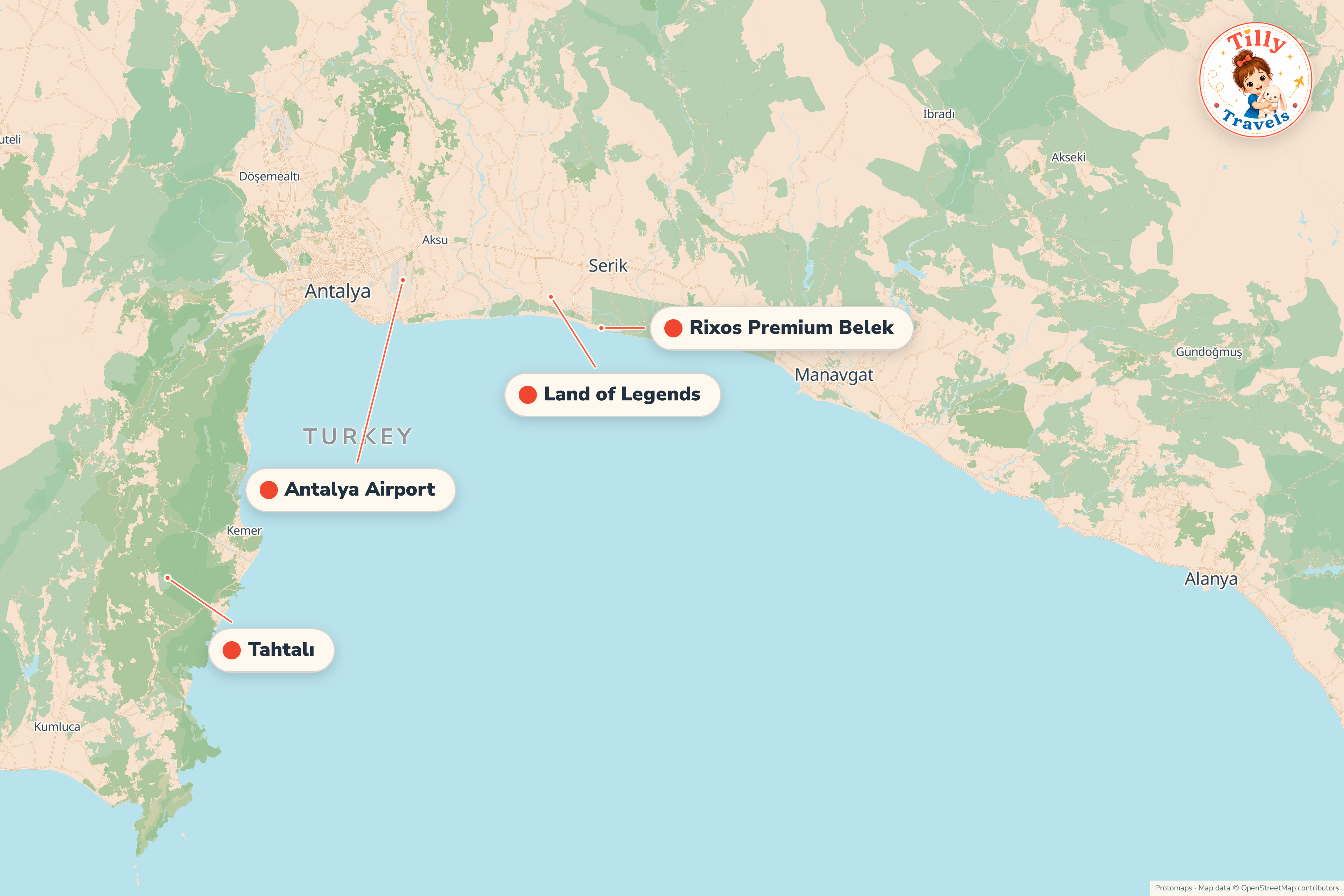 Map of the area around Rixos Premium Belek, showing the resort, the nearest airport and the main family days out