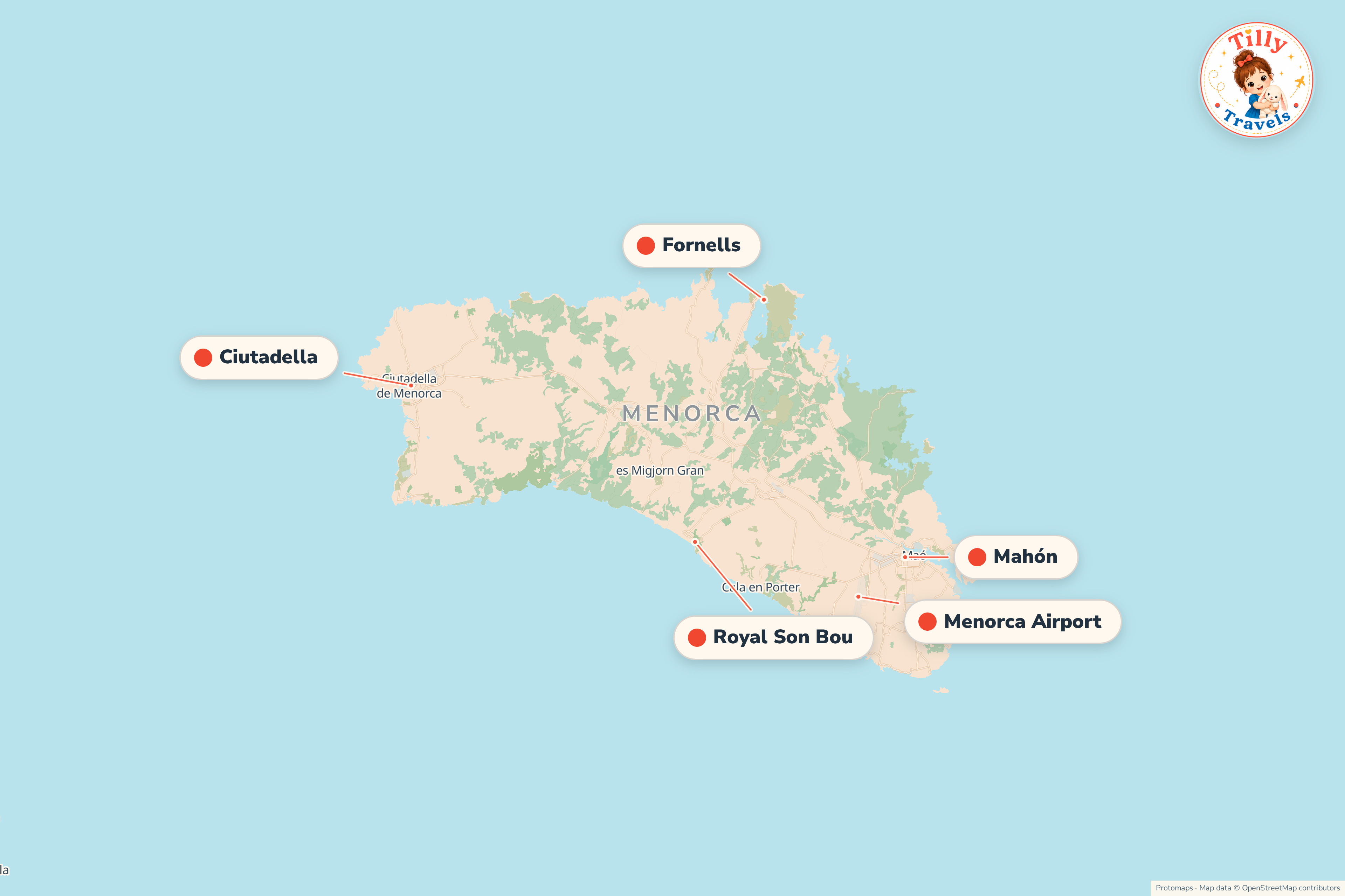 Map of the area around Royal Son Bou, showing the resort, the nearest airport and the main family days out