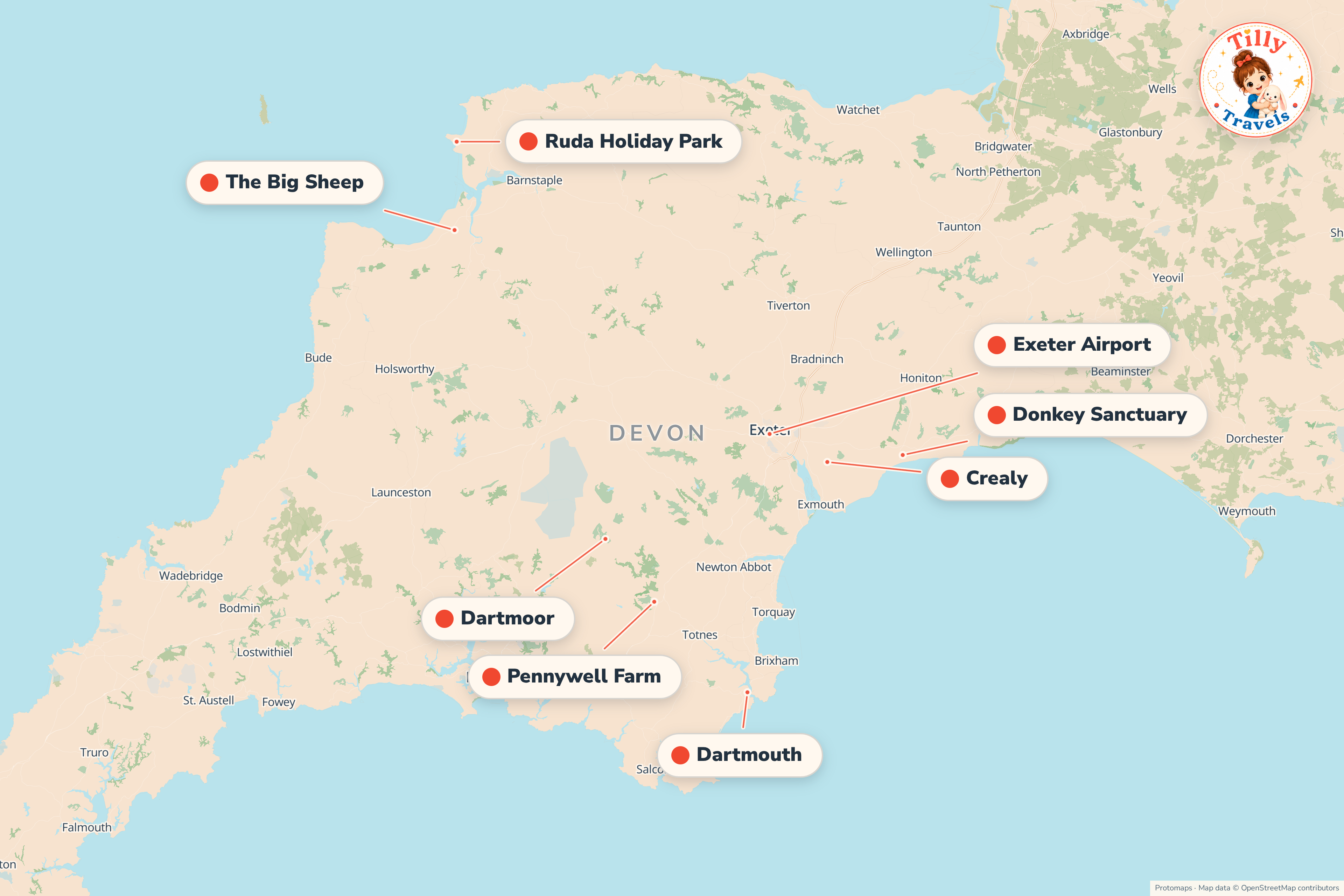 Map of the area around Ruda Holiday Park, showing the resort, the nearest airport and the main family days out