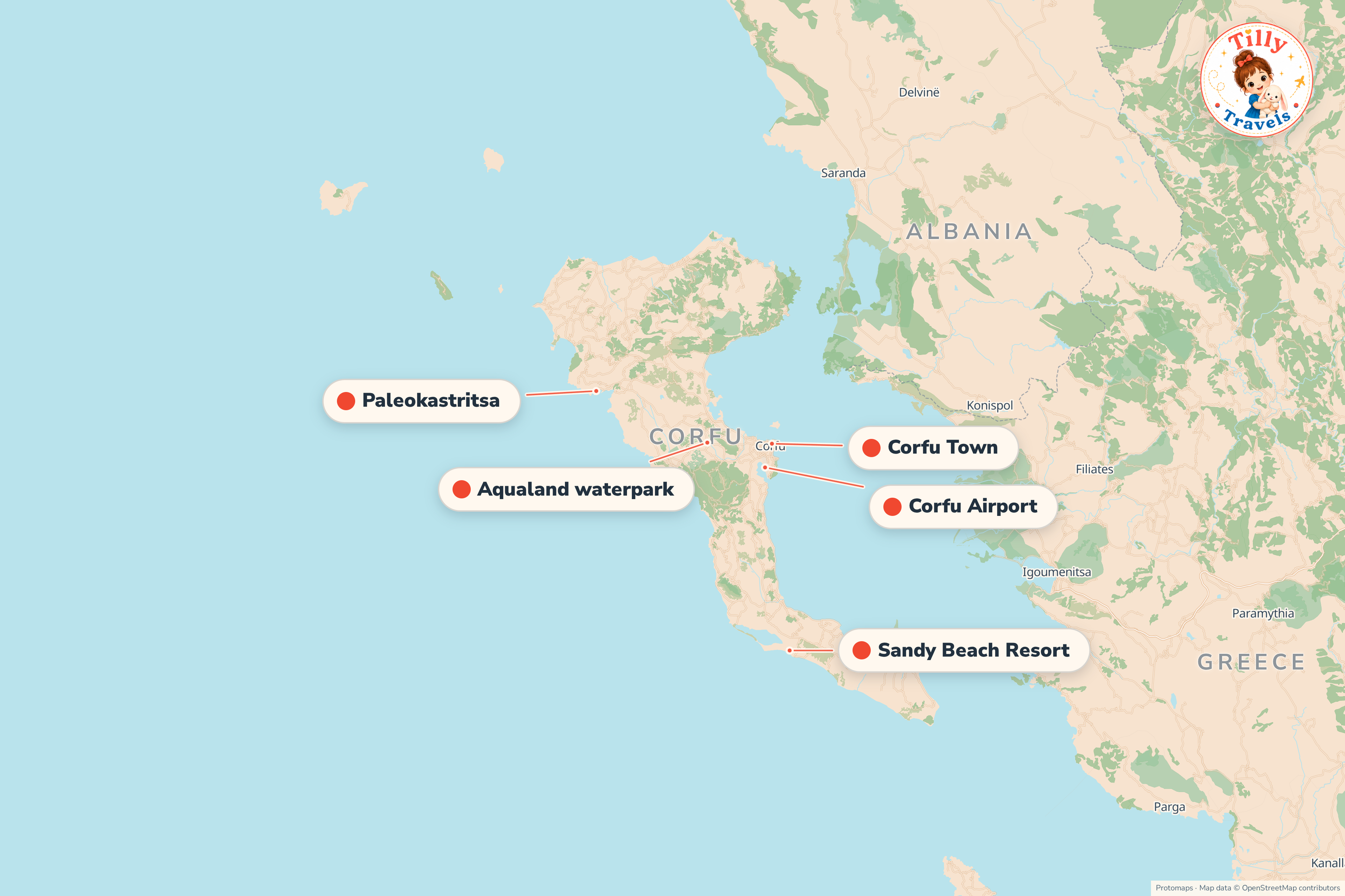 Map of the area around Sandy Beach Resort, showing the resort, the nearest airport and the main family days out