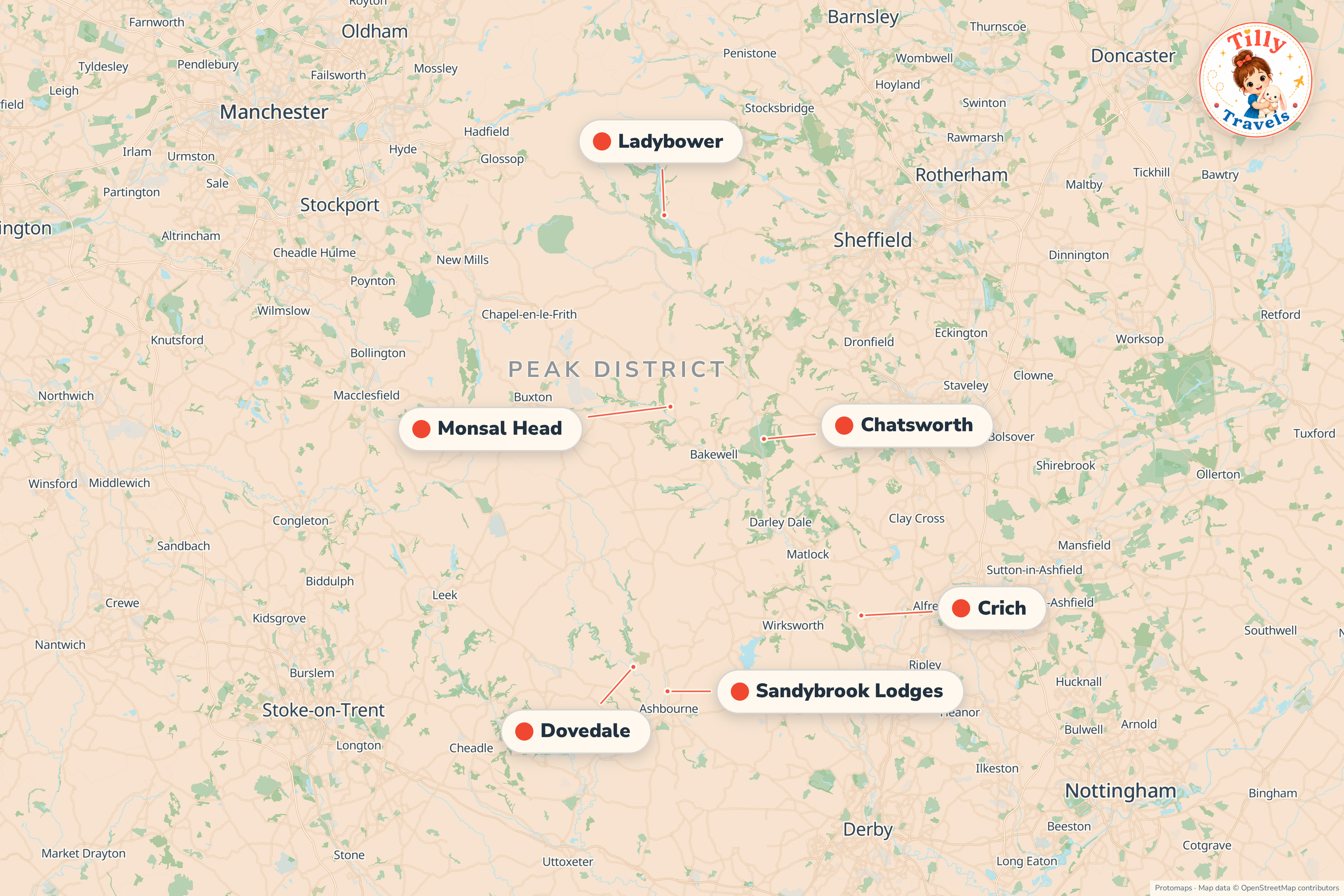 Map of the area around Sandybrook Lodges, showing the resort, the nearest airport and the main family days out