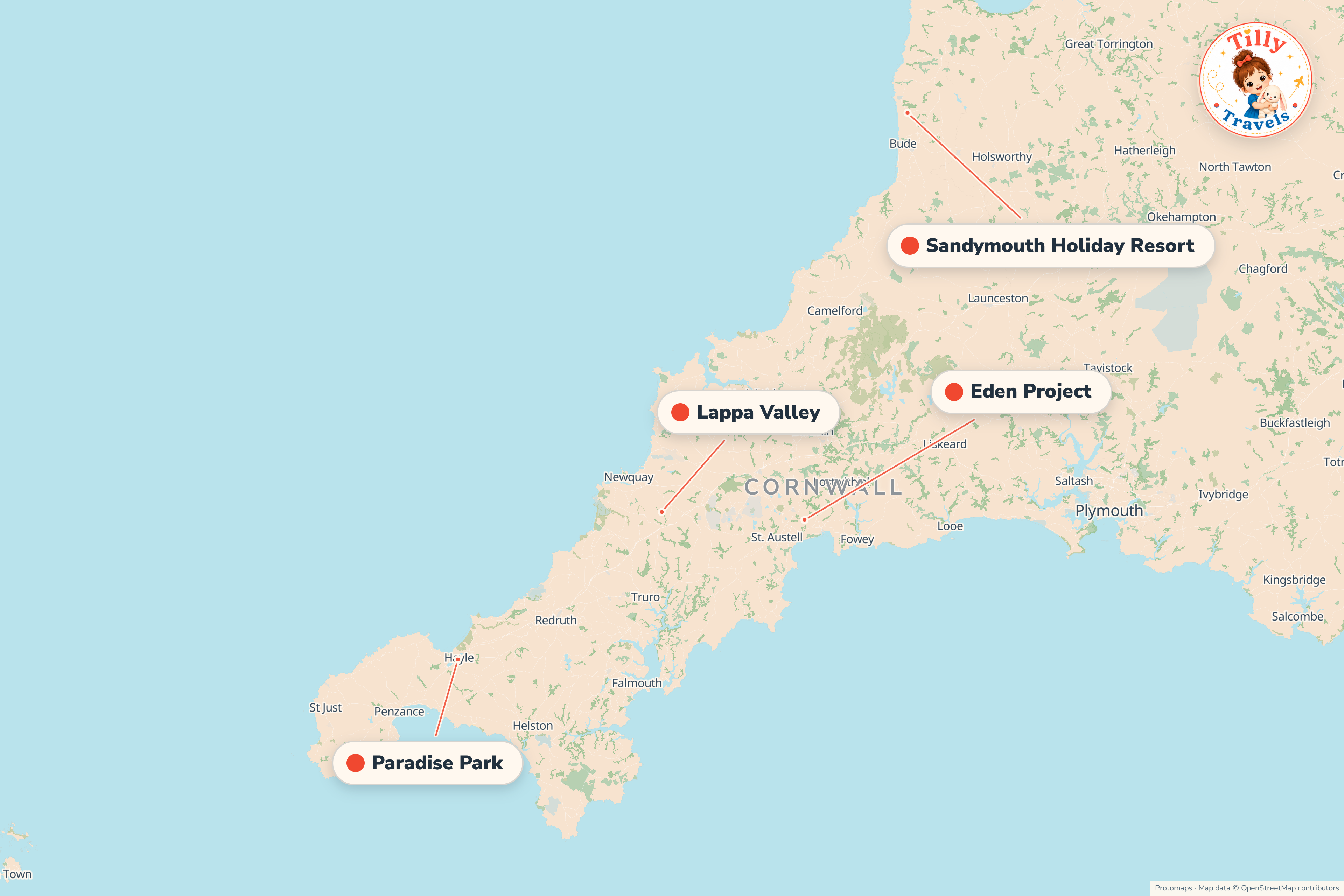 Map of the area around Sandymouth Holiday Resort, showing the resort, the nearest airport and the main family days out