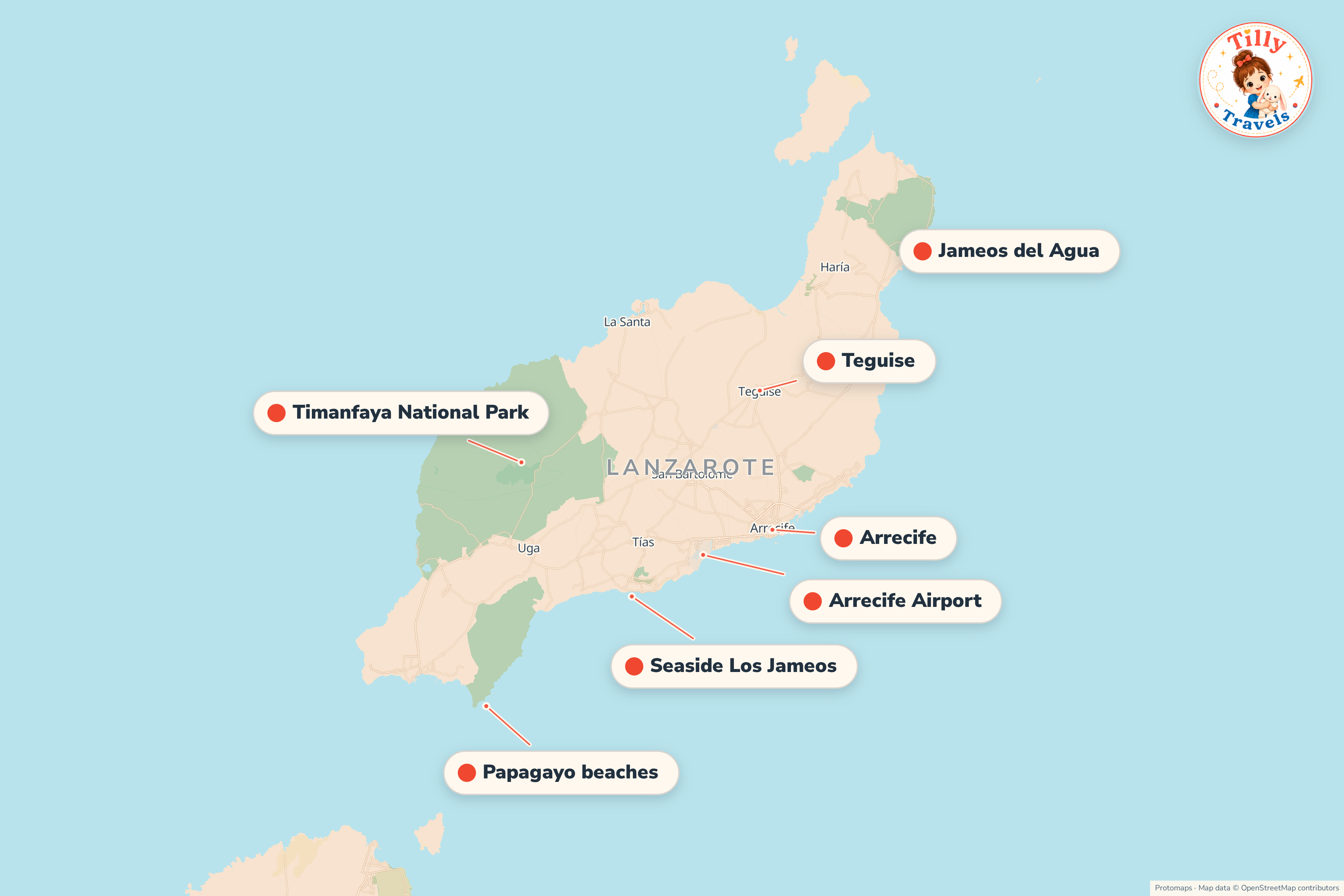 Map of the area around Seaside Los Jameos, showing the resort, the nearest airport and the main family days out