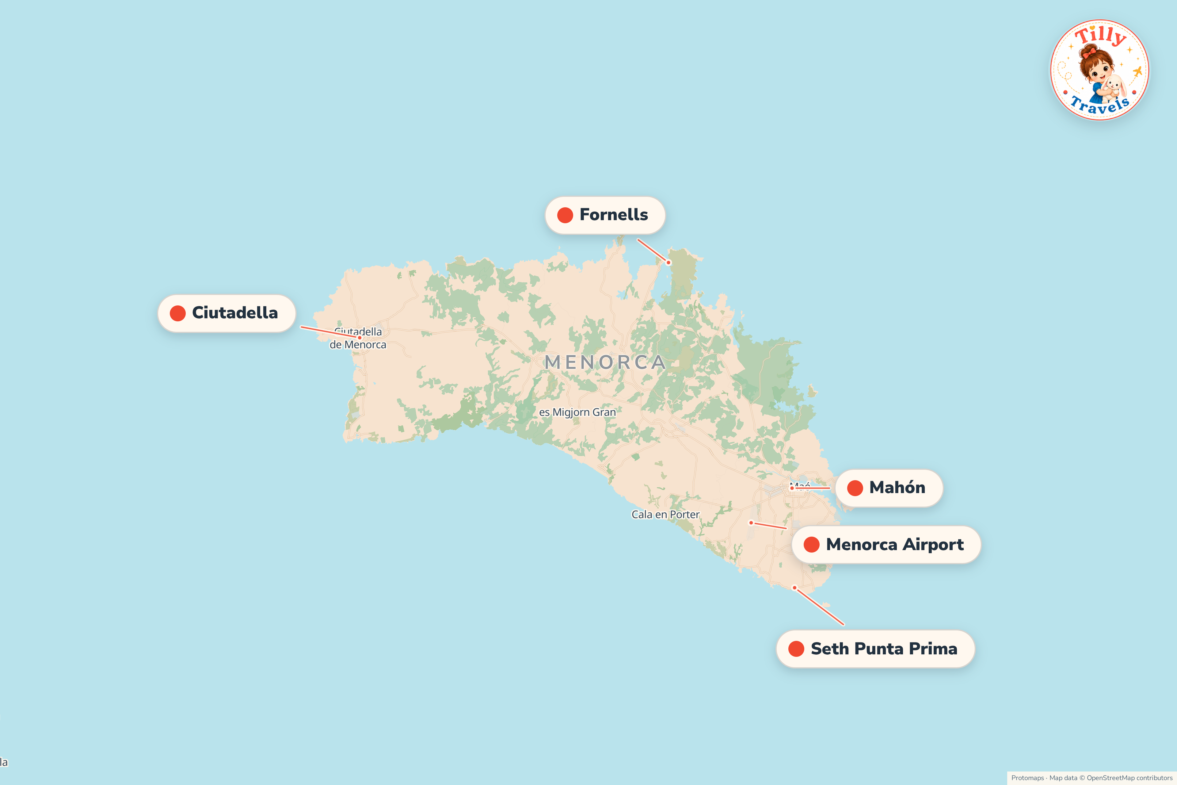 Map of the area around Seth Punta Prima, showing the resort, the nearest airport and the main family days out