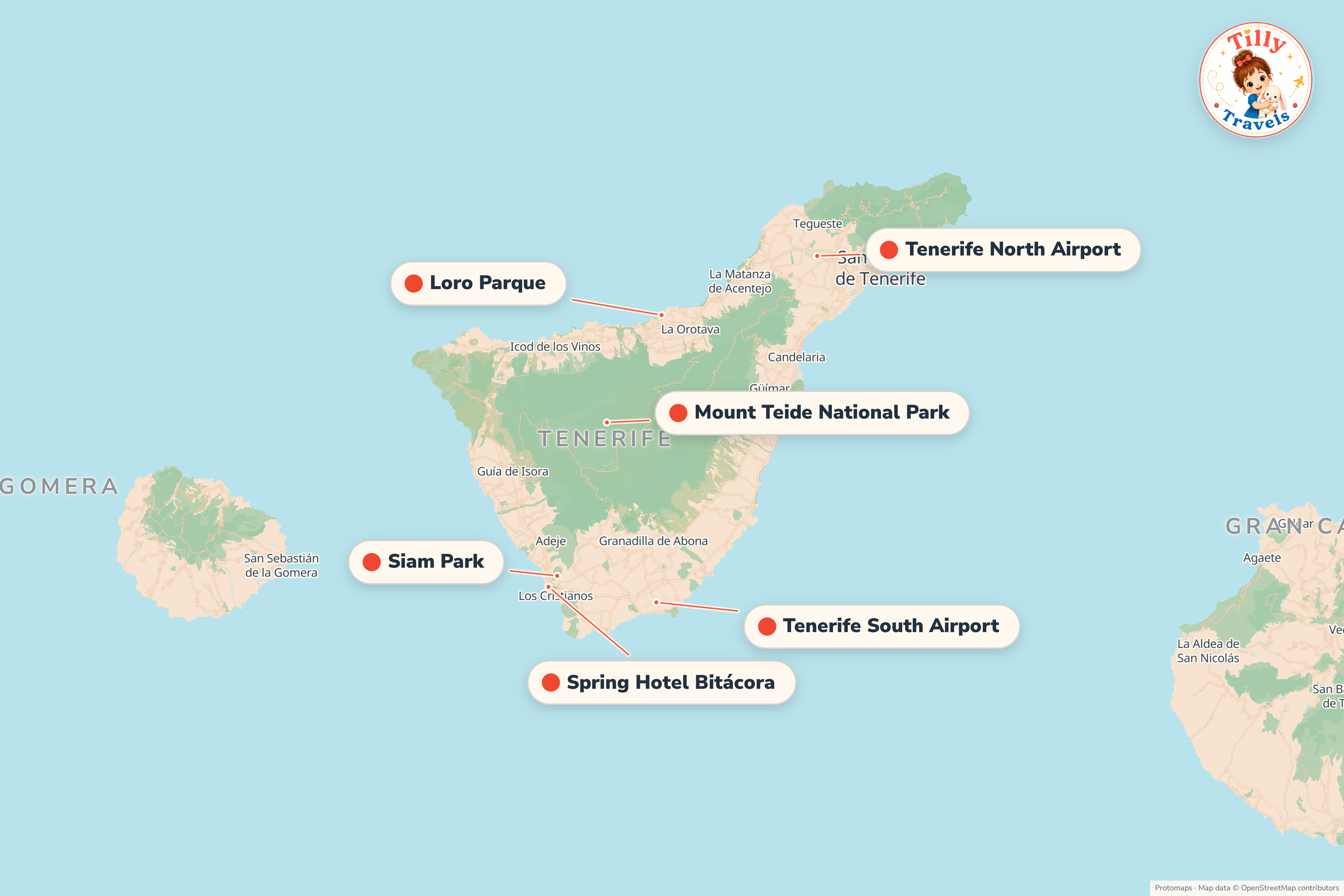 Map of the area around Spring Hotel Bitácora, showing the resort, the nearest airport and the main family days out