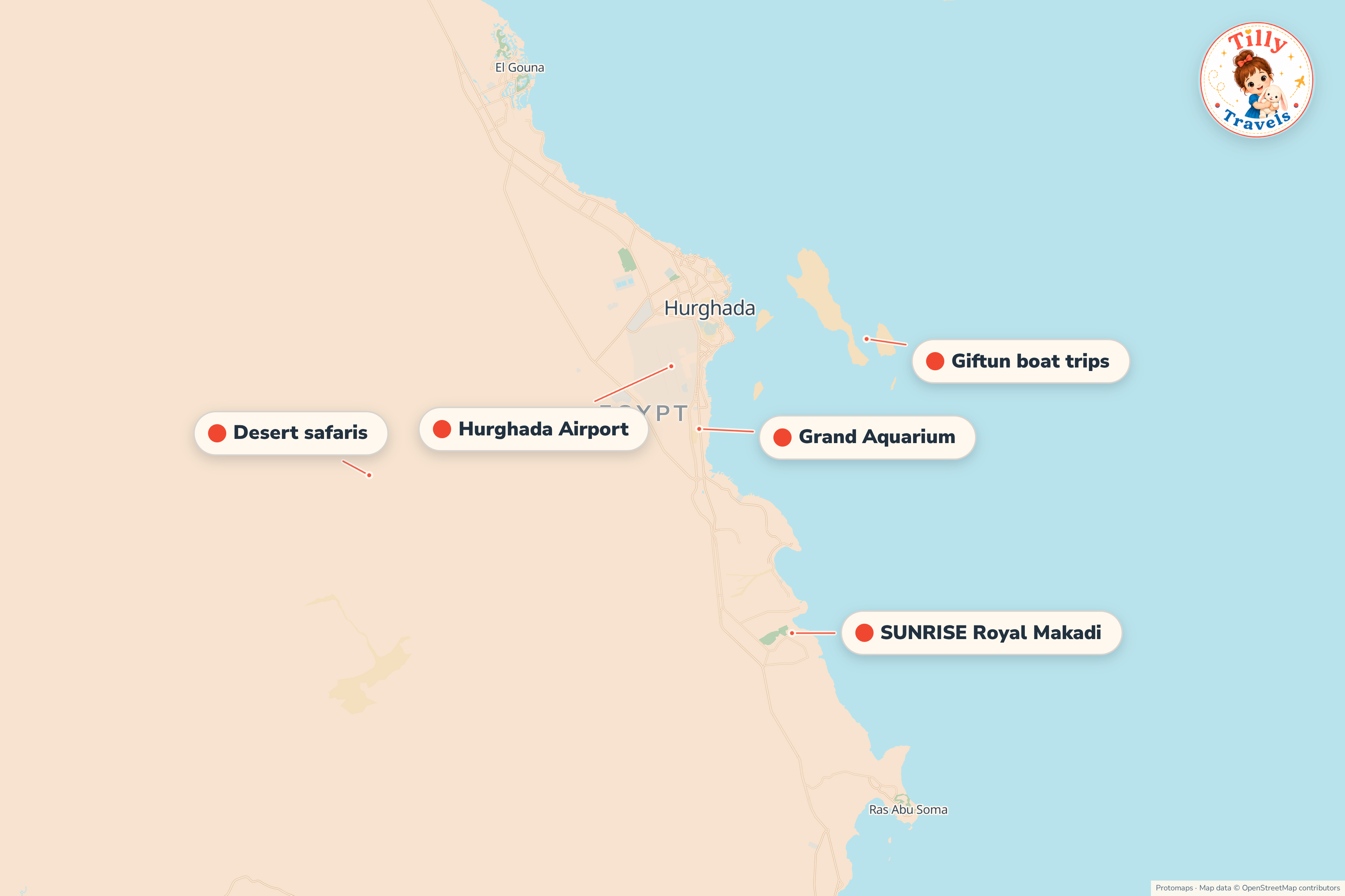 Map of the area around SUNRISE Royal Makadi, showing the resort, the nearest airport and the main family days out