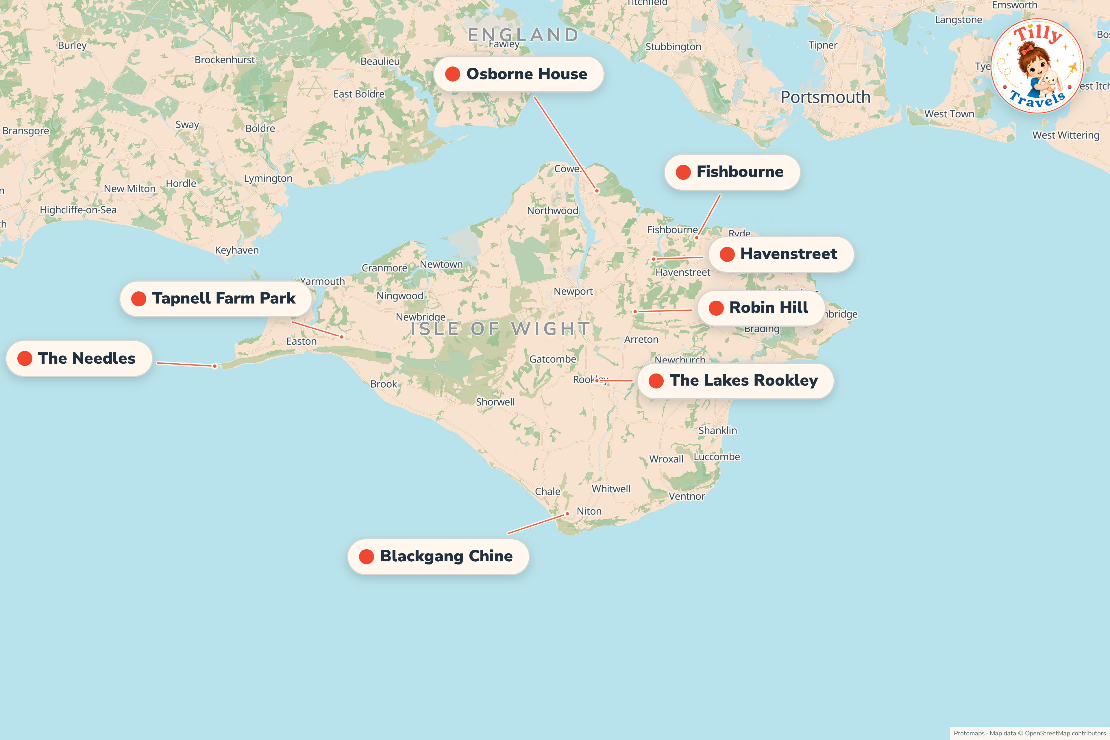 Map of the area around The Lakes Rookley, showing the resort, the nearest airport and the main family days out