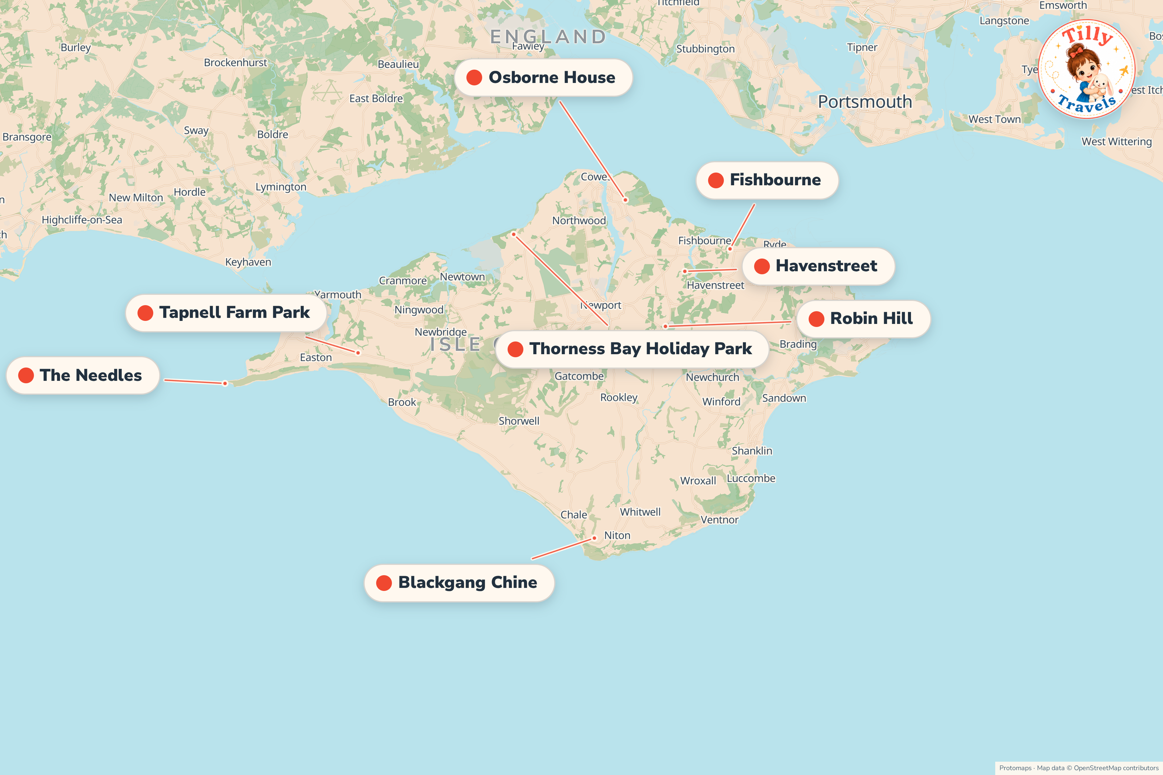 Map of the area around Thorness Bay Holiday Park, showing the resort, the nearest airport and the main family days out
